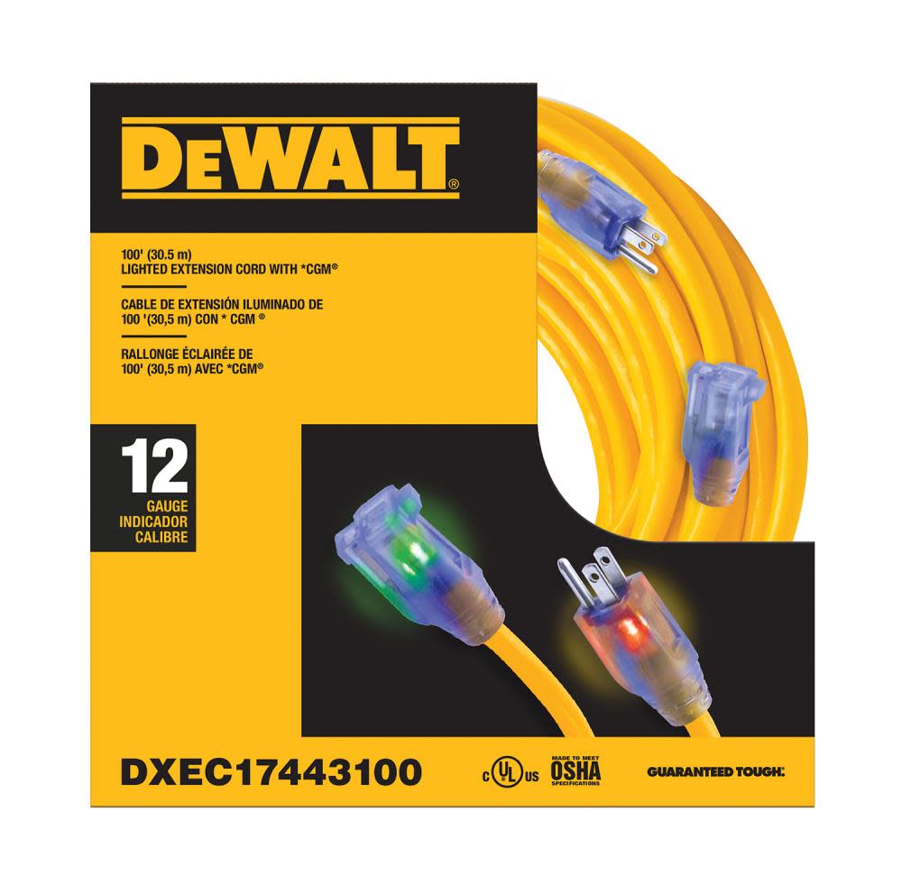 DEWALT 100′ 12/3 SJTW Lighted Ext Cord - Flockneti
