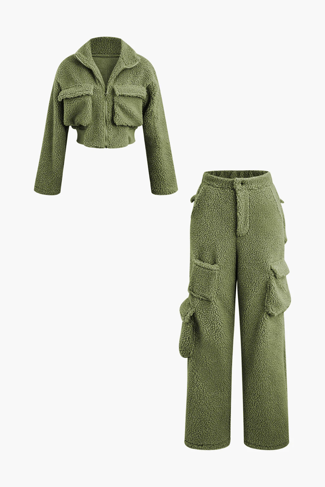 Fleece Collar Flap Pocket Zip Up Long Sleeve Top And Straight Leg Cargo Pants Set - Flockneti