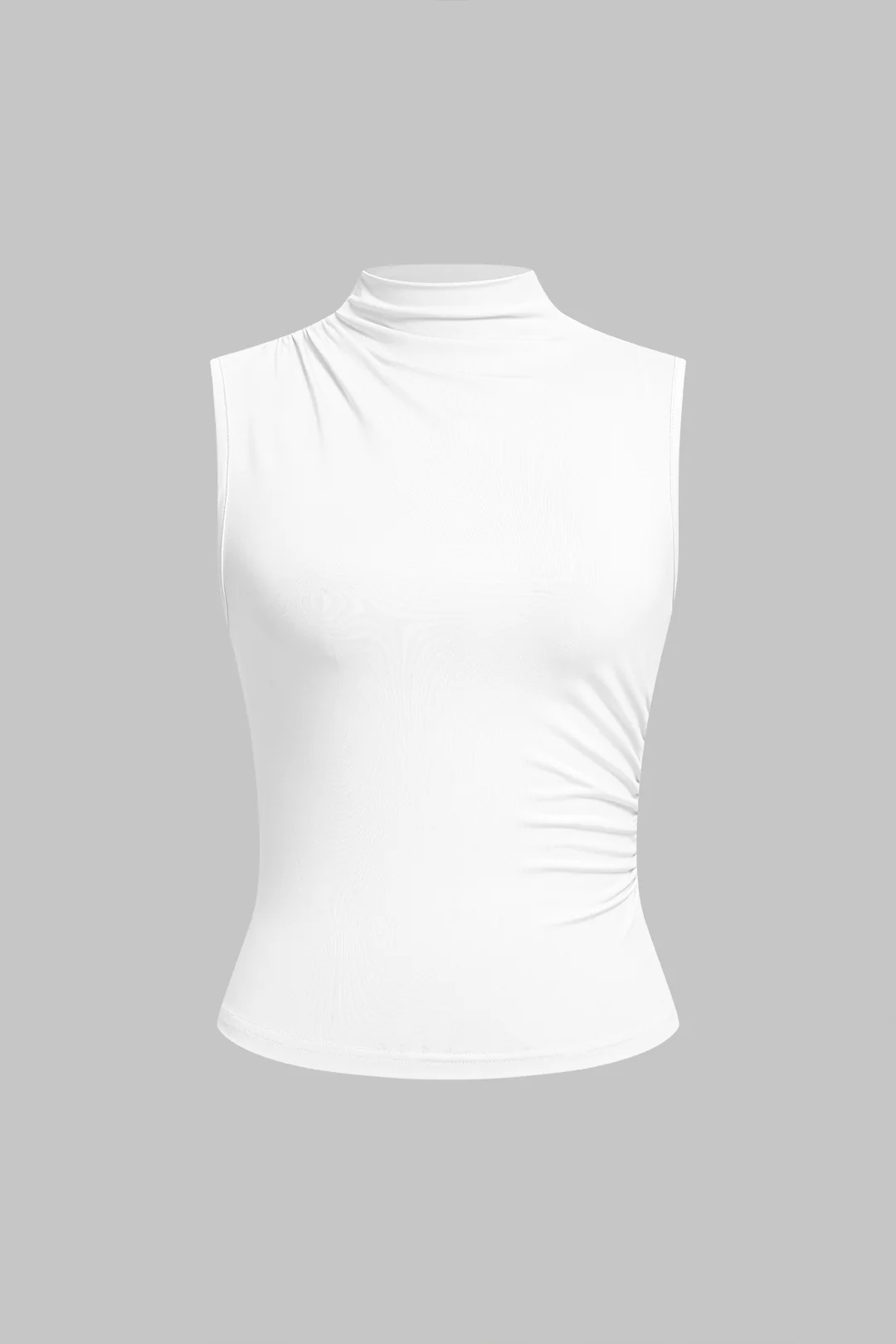 Solid Mock Neck Asymmetrical Ruched Tank Top - Flockneti