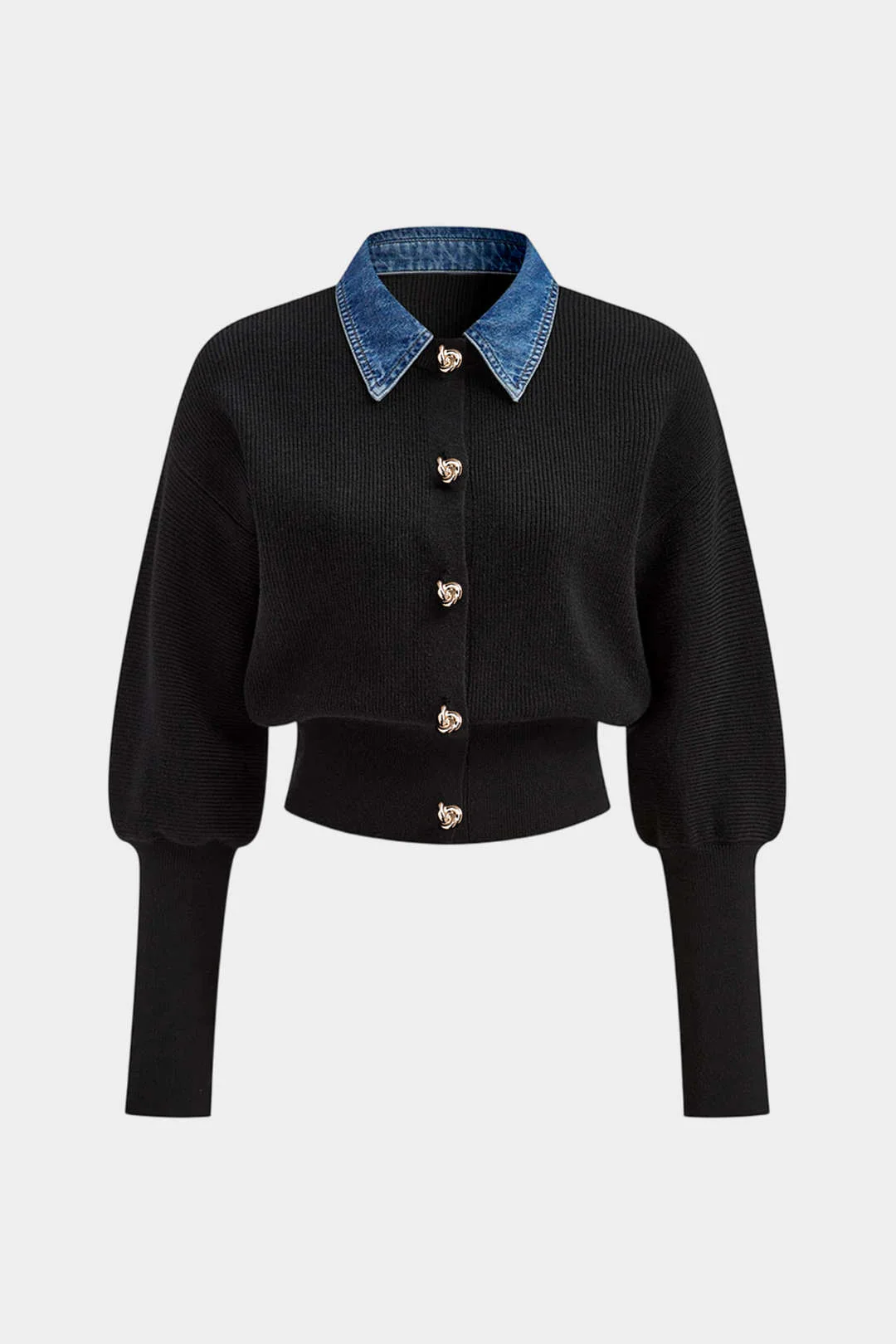 Knit Denim Patchwork Button Gigot Long-Sleeve Top - Flockneti
