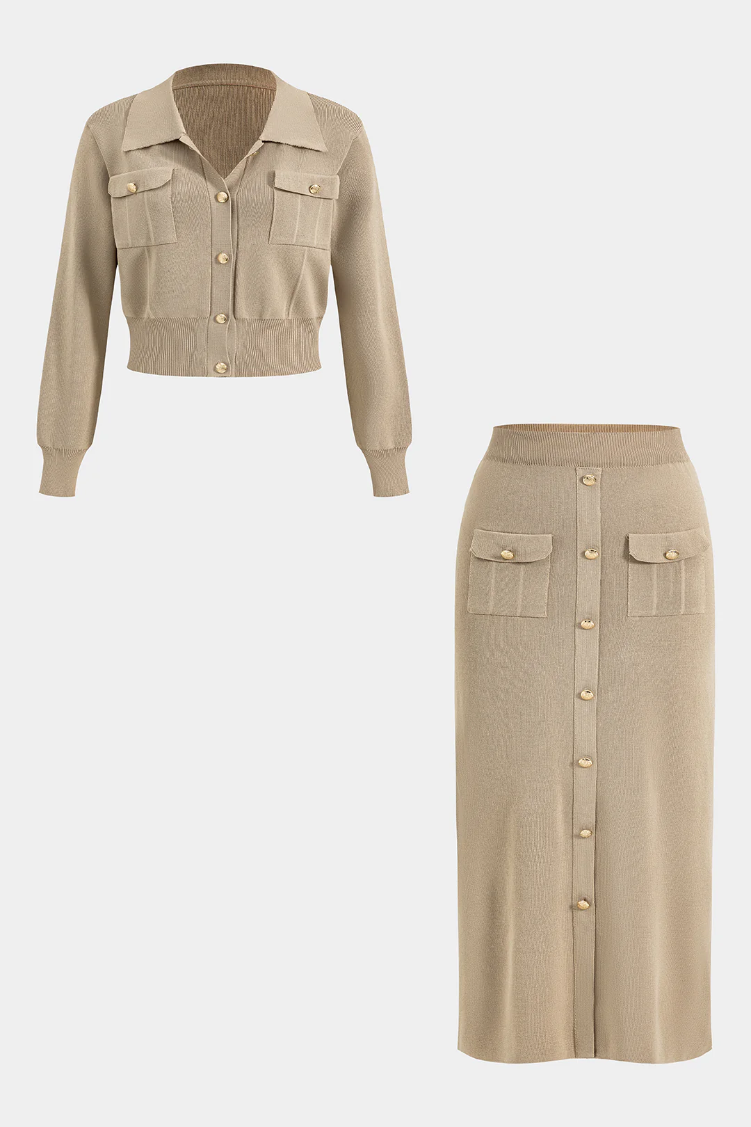 Plus Size Knit Button Pocket Long-Sleeve Top And Skirt Set - Flockneti
