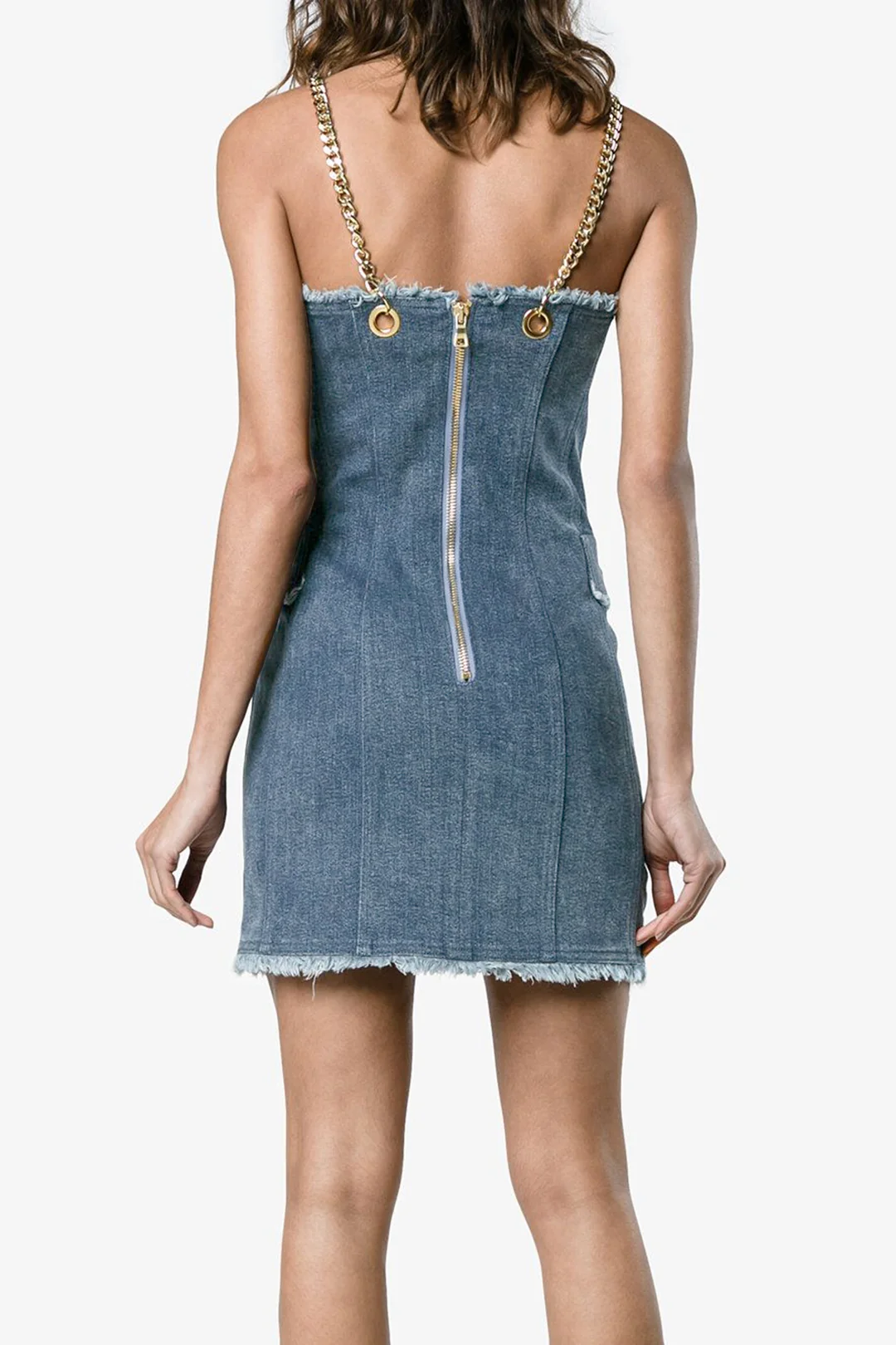 Denim Metallic Chain V-Neck Button Frayed Zipper Sleeveless Dress - Flockneti