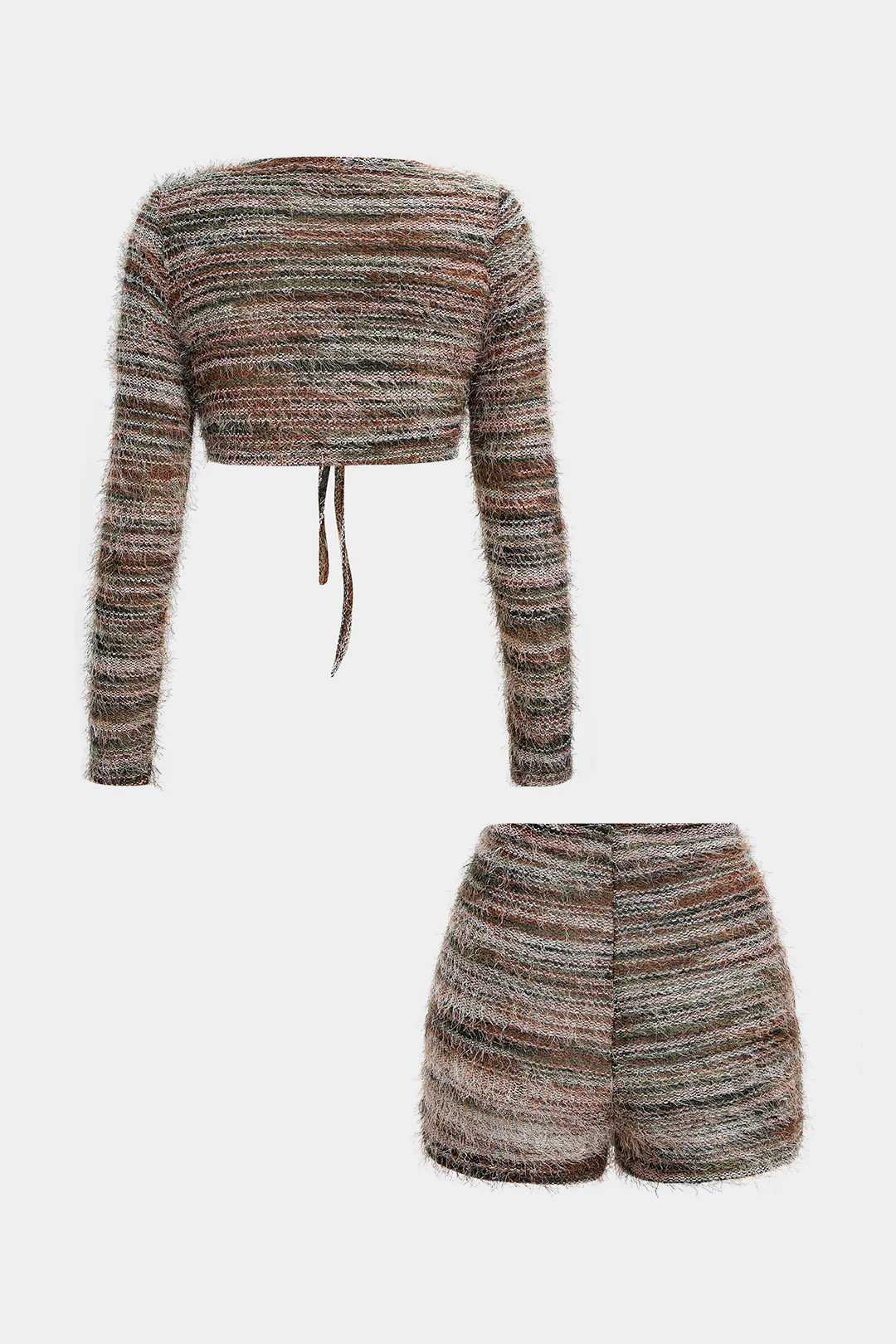 Fringe Strappy Cut Out Cropped Long-Sleeve Top And Shorts Set - Flockneti