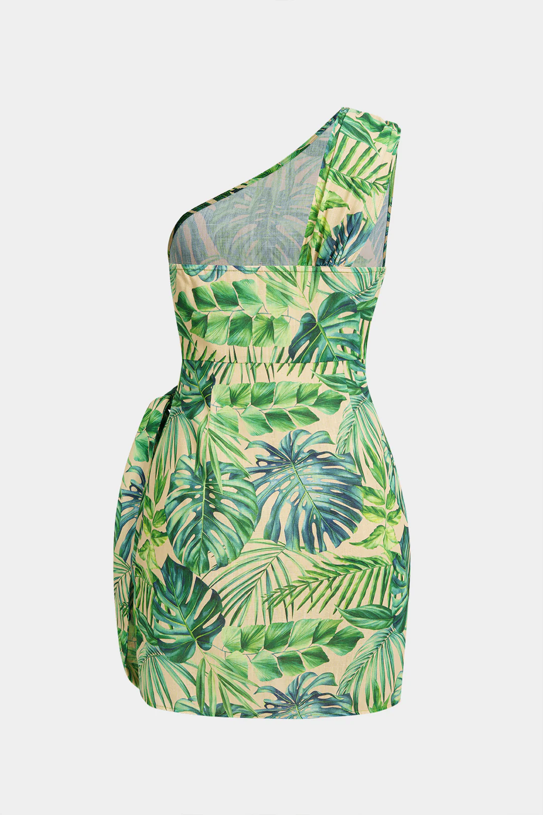 Leaves Print One Shoulder Tie-Up Ruched Sleeveless Mini Dress - Flockneti