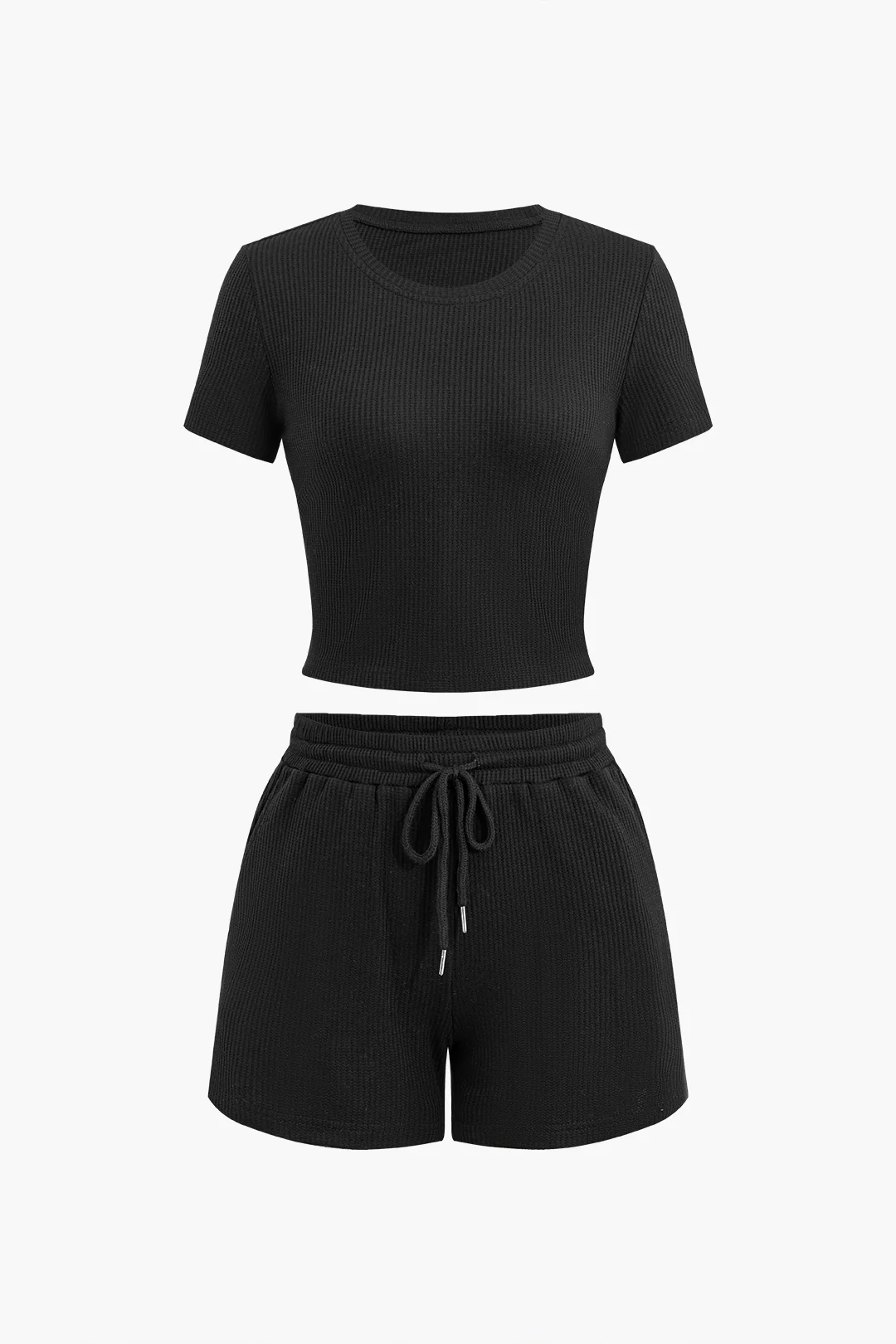 Stripes Round Neck Short Sleeve Top And Drawstring Shorts Set - Flockneti