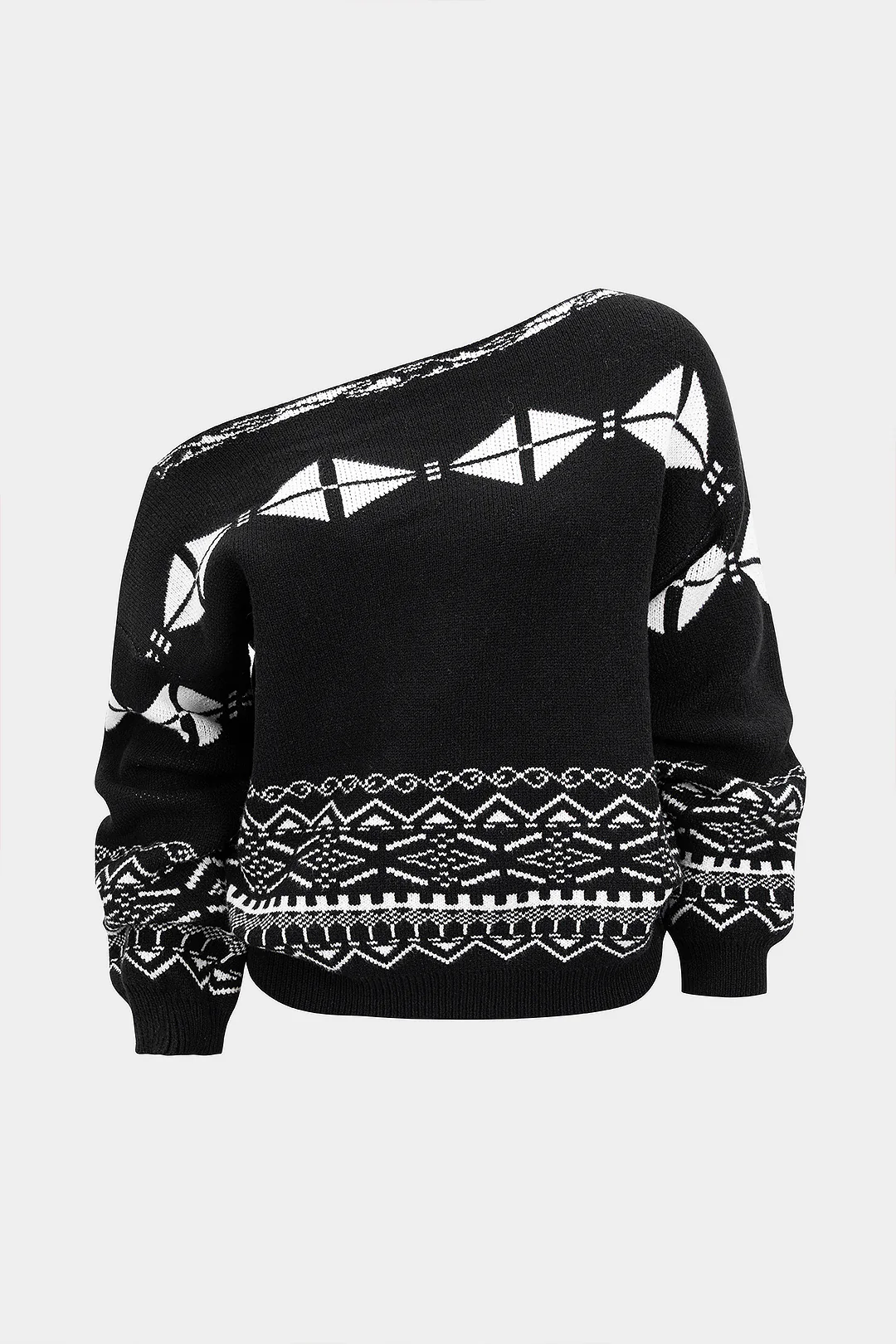 Knit Geometric Print Slant Shoulder Long-Sleeve Top - Flockneti
