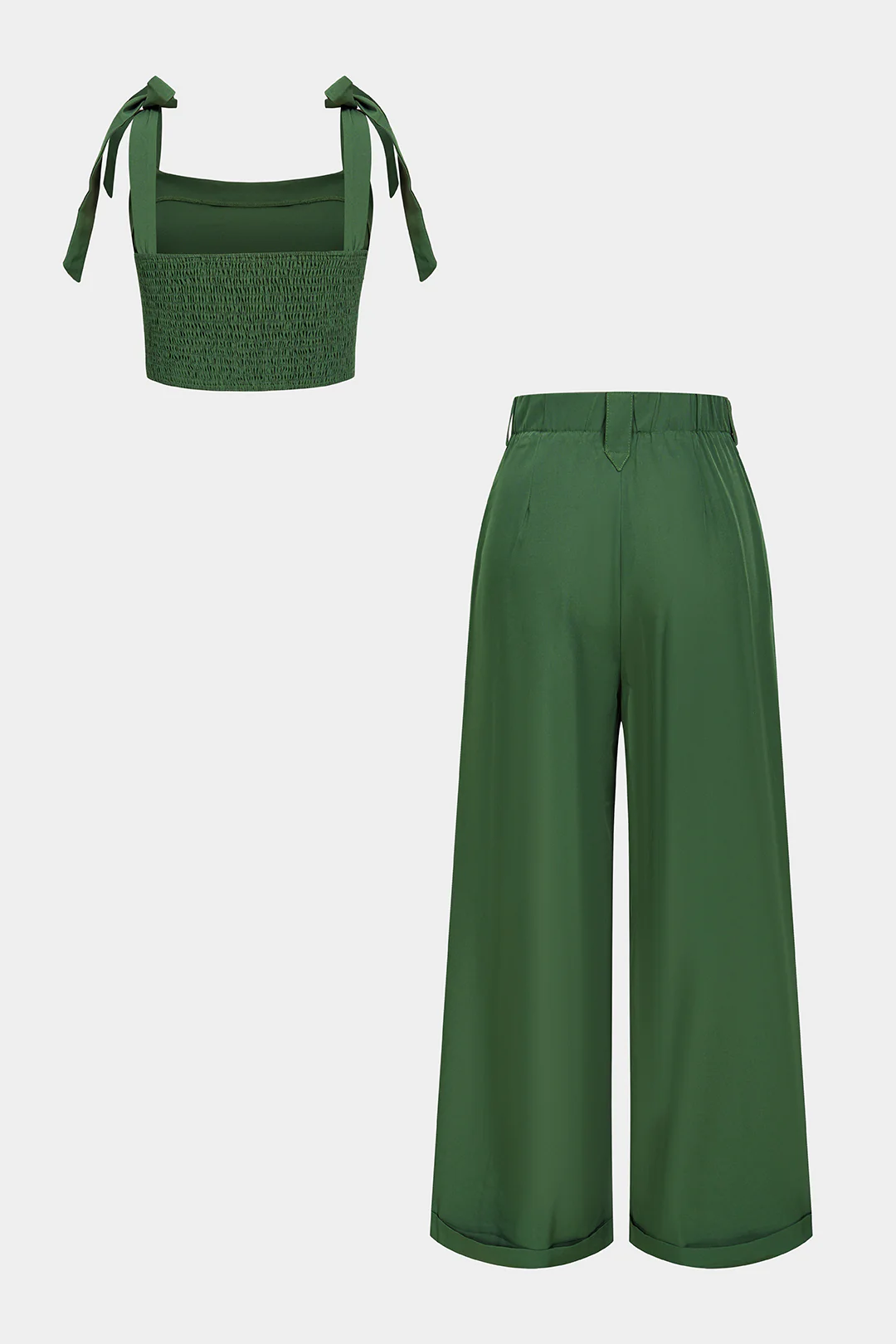 Tie-Up Button Smocked Cami Top And High Waist Wide Leg Pants Set - Flockneti