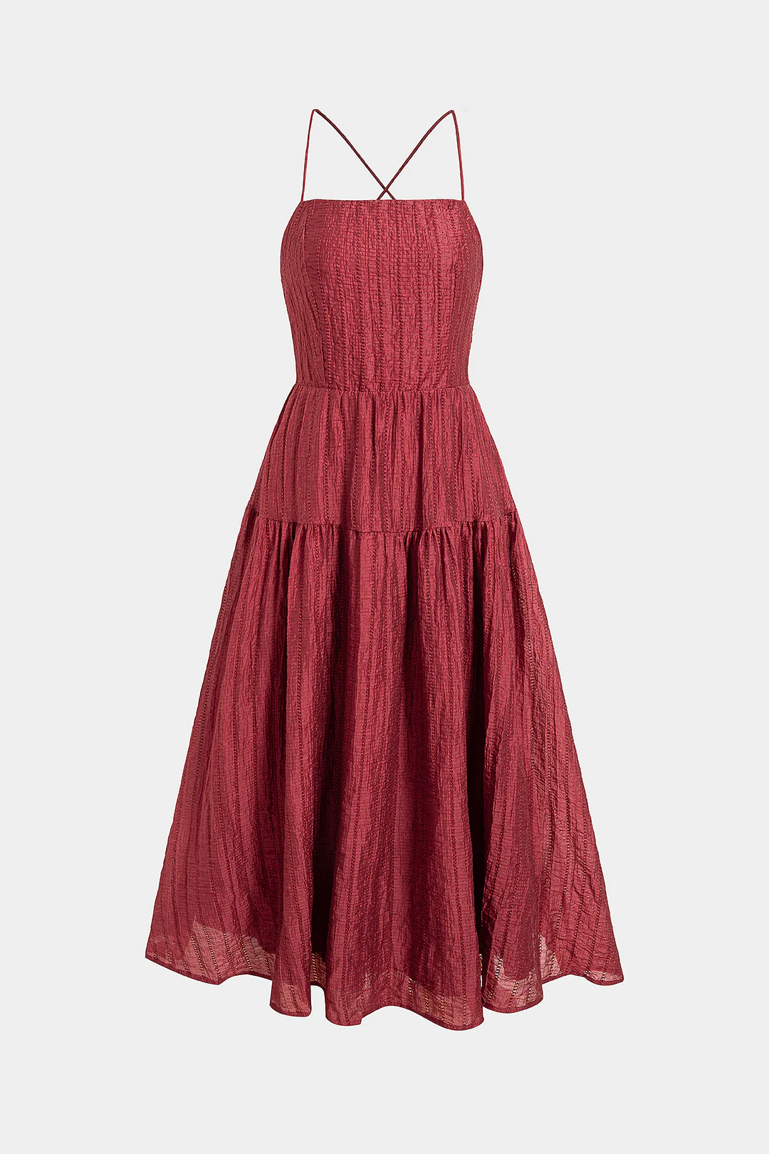 Textured Crossed Backless Smocked Sleeveless Midi Dress - Flockneti