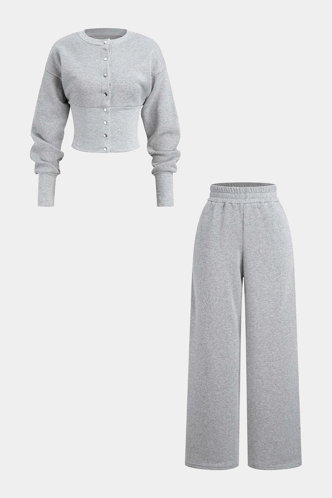 Solid Button Long-Sleeve Top And Shirred Waistband Pants Set - Flockneti