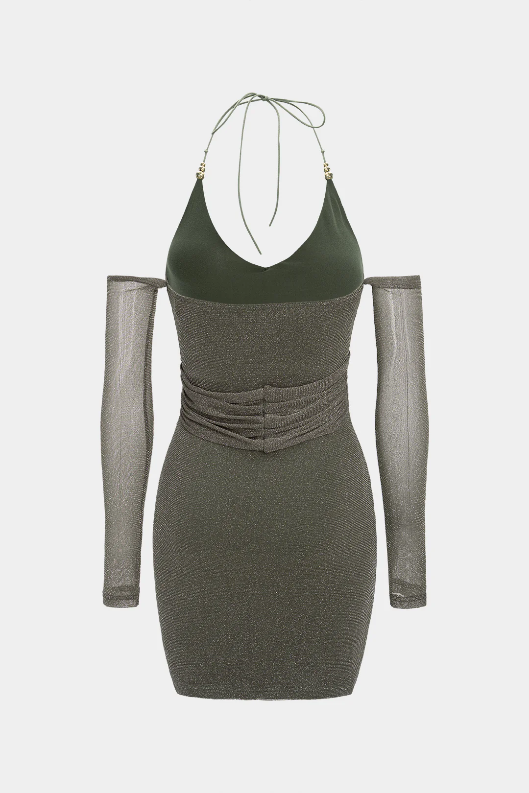 Mesh Halter Neck Ruched Tie Up Backless Long Sleeve Mini Dress - Flockneti