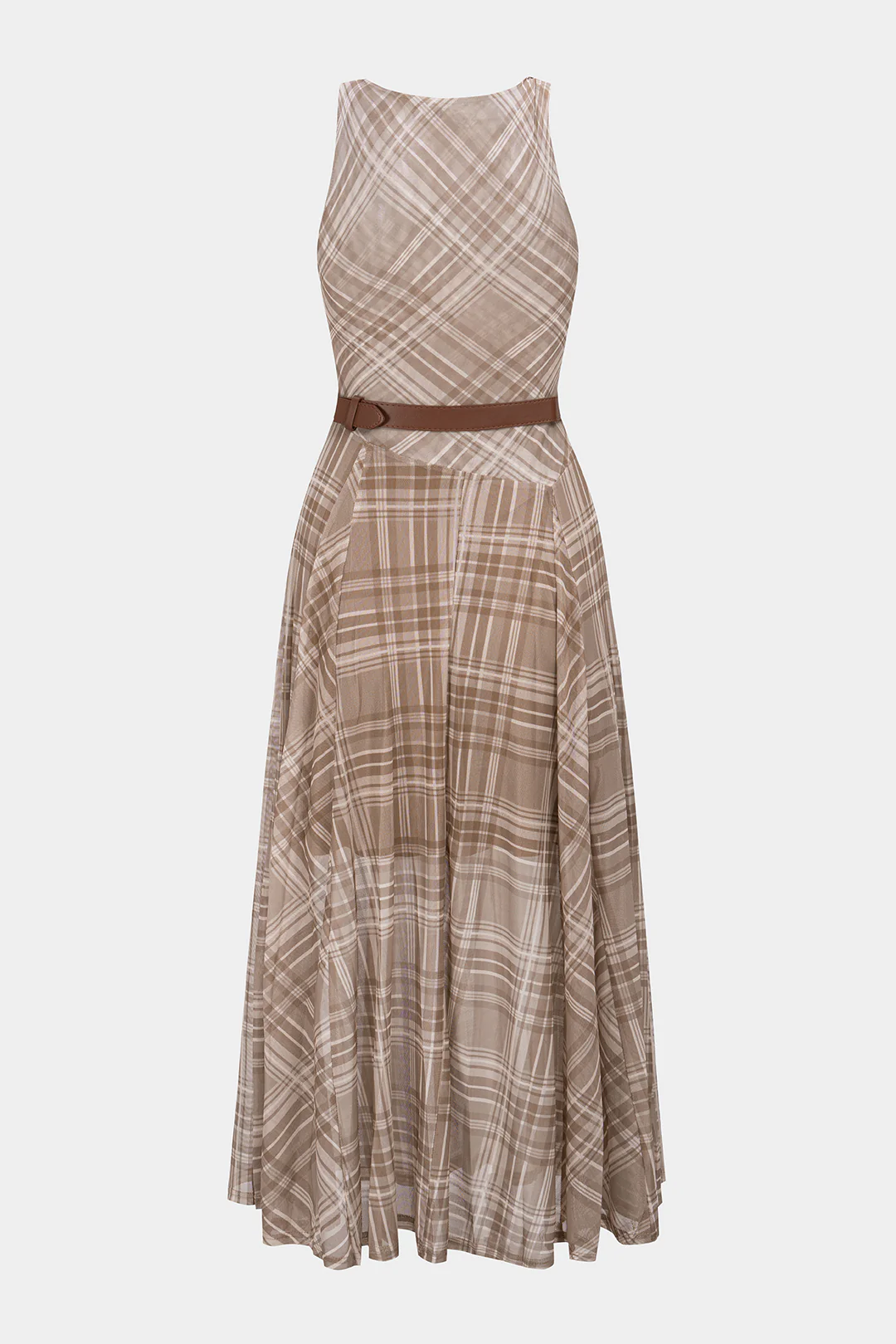 Plaid Print Mesh Twist Knot Round Neck Belted Sleeveless Midi Dress - Flockneti