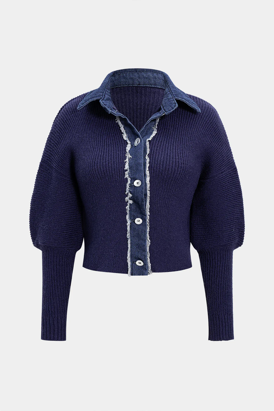 Knit Patchwork Frayed Button Long-Sleeve Top - Flockneti