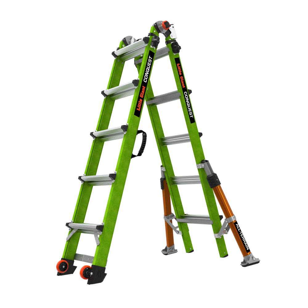 Little Giant Safety Conquest All-Terrain Model 22 – ANSI Type 1A – 300 lb Rated – Fiberglass Articulated Extendable Ladder with Adjustable Outriggers Accessory Ports Carry Handle V-Bar and Tip & Glide Wheels - Flockneti