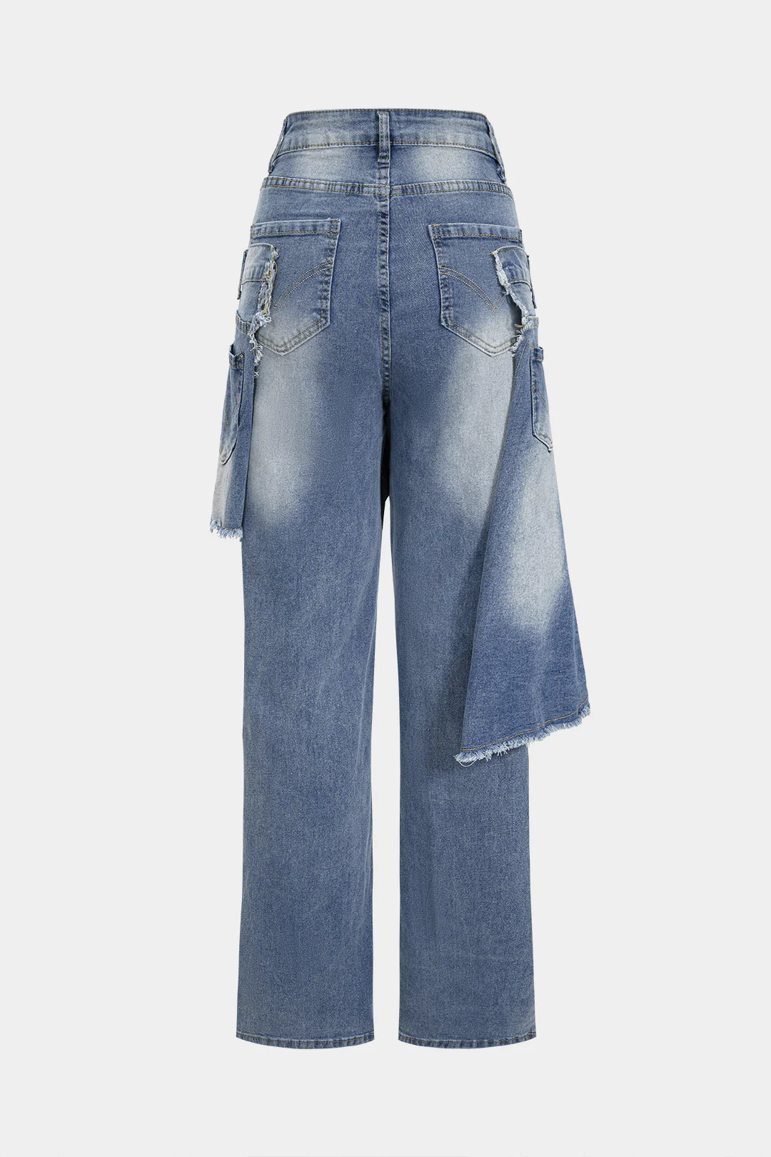 Denim Double Waistband Asymmetrical Ripped Straight Leg Jeans - Flockneti