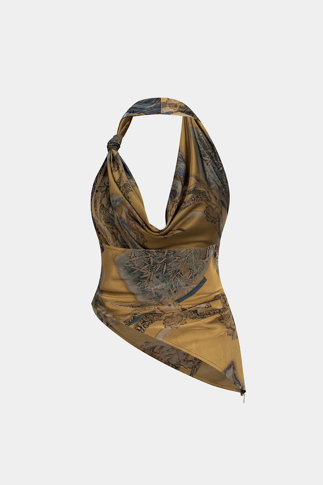 Retro Print Satin Halter Neck Draped Cowl Neck Cami Top - Flockneti