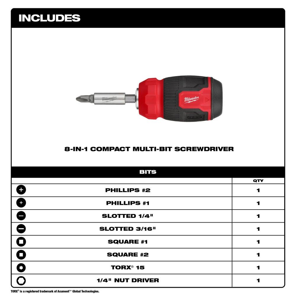 Milwaukee 8-in-1 Compact Multi-Bit Screwdriver - Flockneti