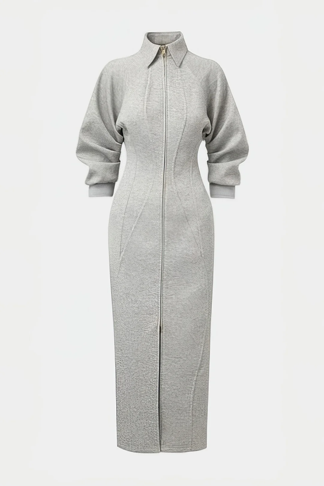 Lapel Zipper Long Sleeve Maxi Dress - Flockneti