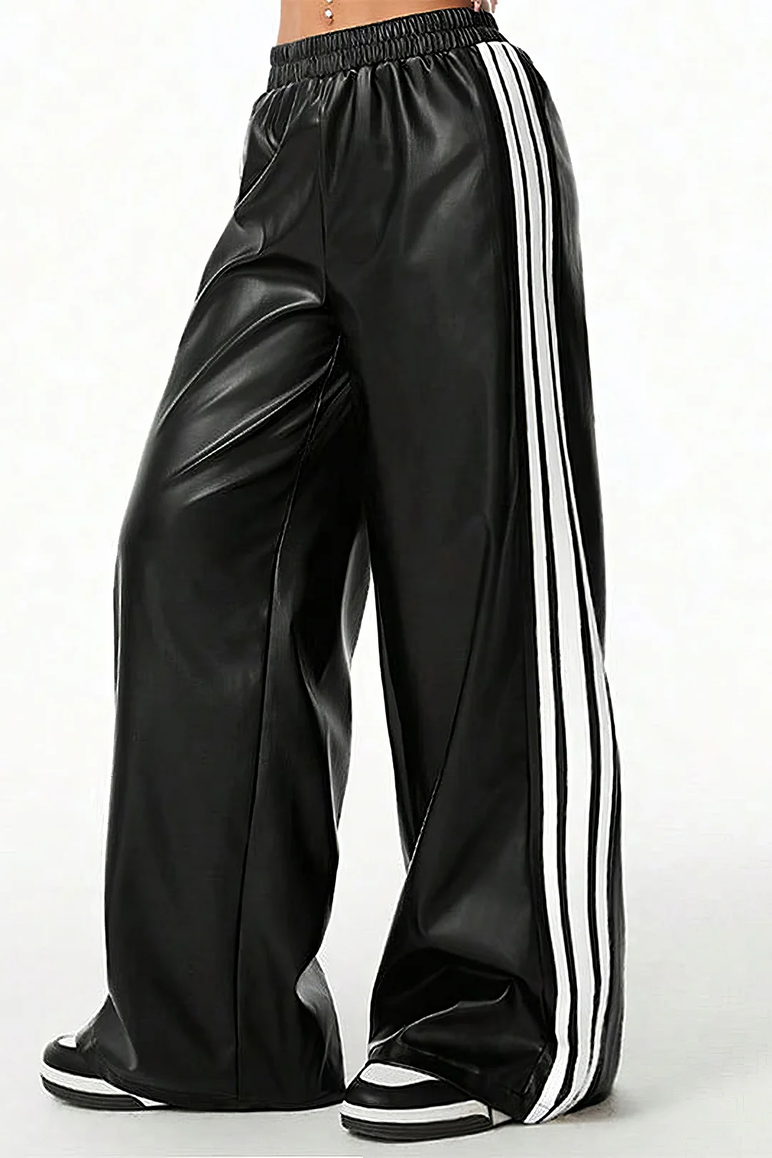 Faux Leather Contrast Shirred Waistband Wide Leg Pants - Flockneti