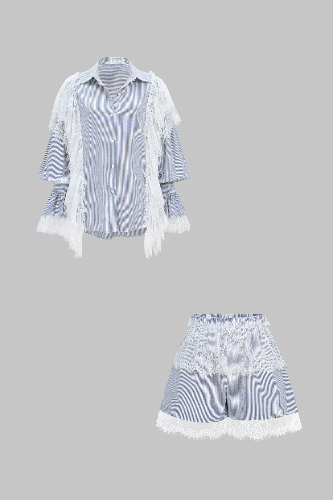 Stripes Print Patchwork Lace Lapel Flared Long Sleeve Shirt And Shirred Waistband Shorts Set - Flockneti