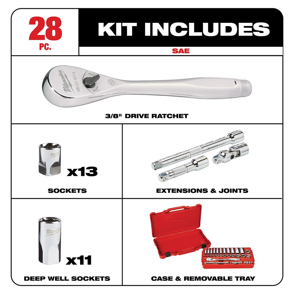Milwaukee 3/8 in. Drive 28 pc. Ratchet & Socket Set- SAE - Flockneti