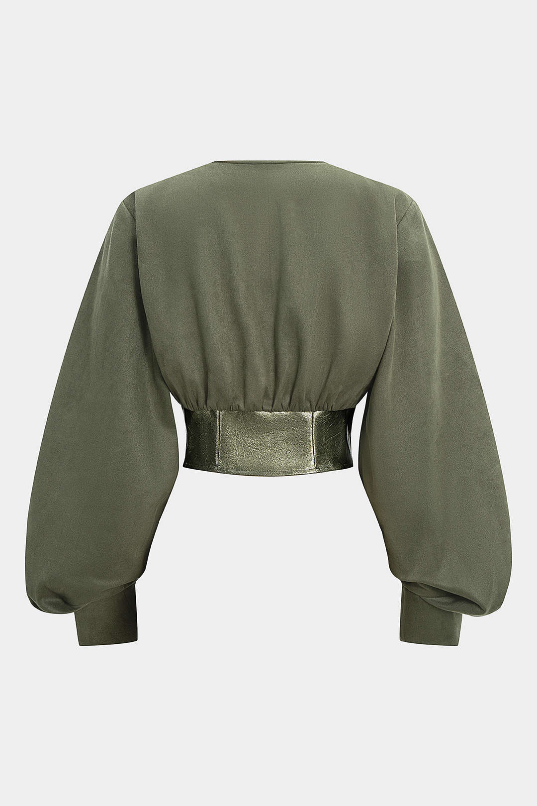 Faux Leather Suede Patchwork V-Neck Metallic Decor Long-Sleeve Top - Flockneti