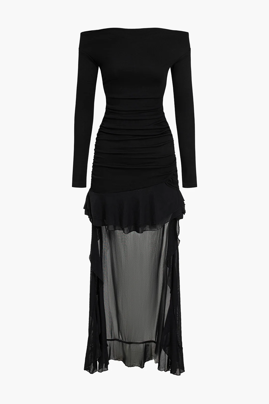 Off Shoulder Ruched Asymmetrical Ruffle Hem Long Sleeve Maxi Dress - Flockneti