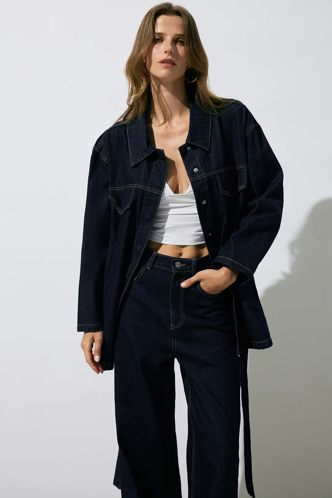 Denim Belted Long Sleeve Shirt - Flockneti