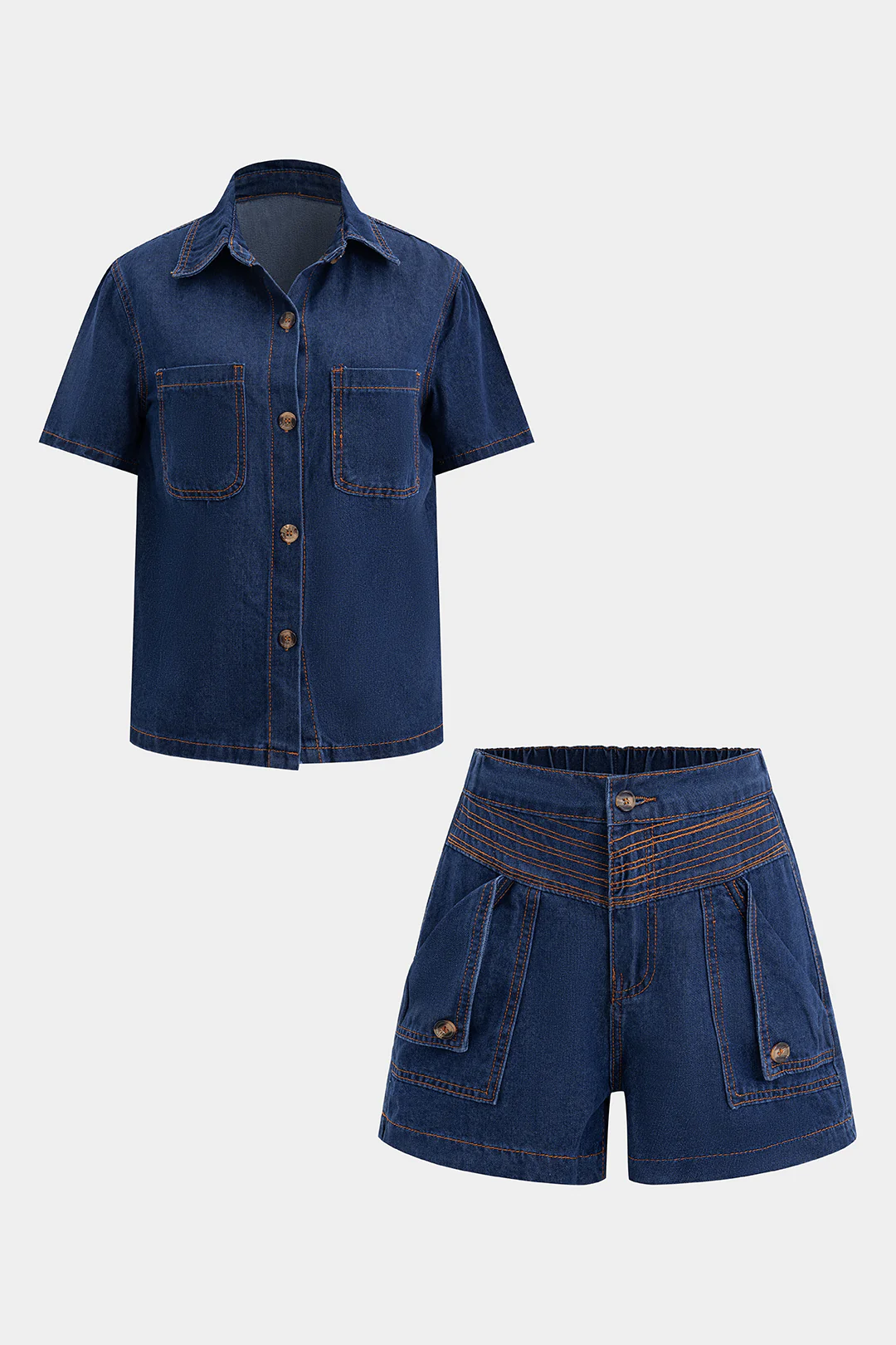 Denim Button Short-Sleeve Shirt And Pocket Shorts Set - Flockneti