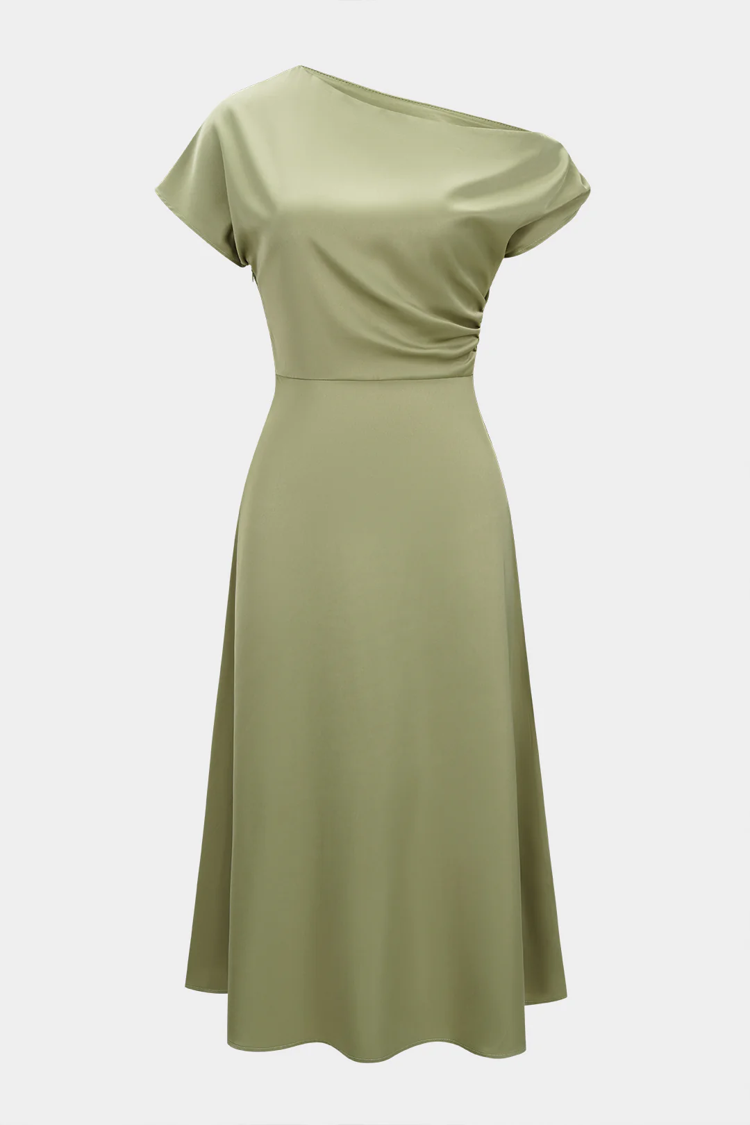 Satin One Shoulder Ruched Short Sleeve Midi Dress - Flockneti