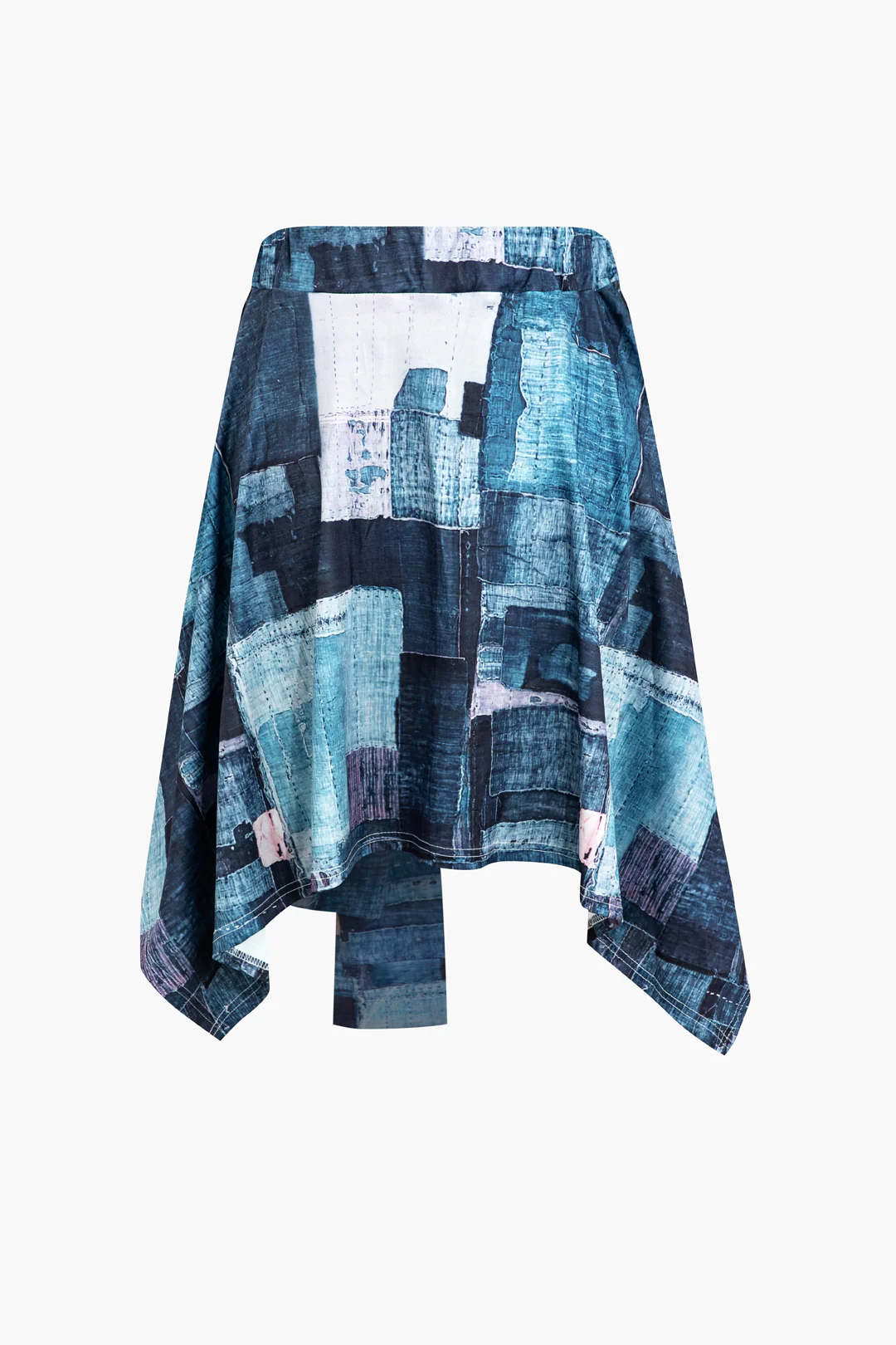 Denim Print Ruched Asymmetrical Tie Up Skirt - Flockneti