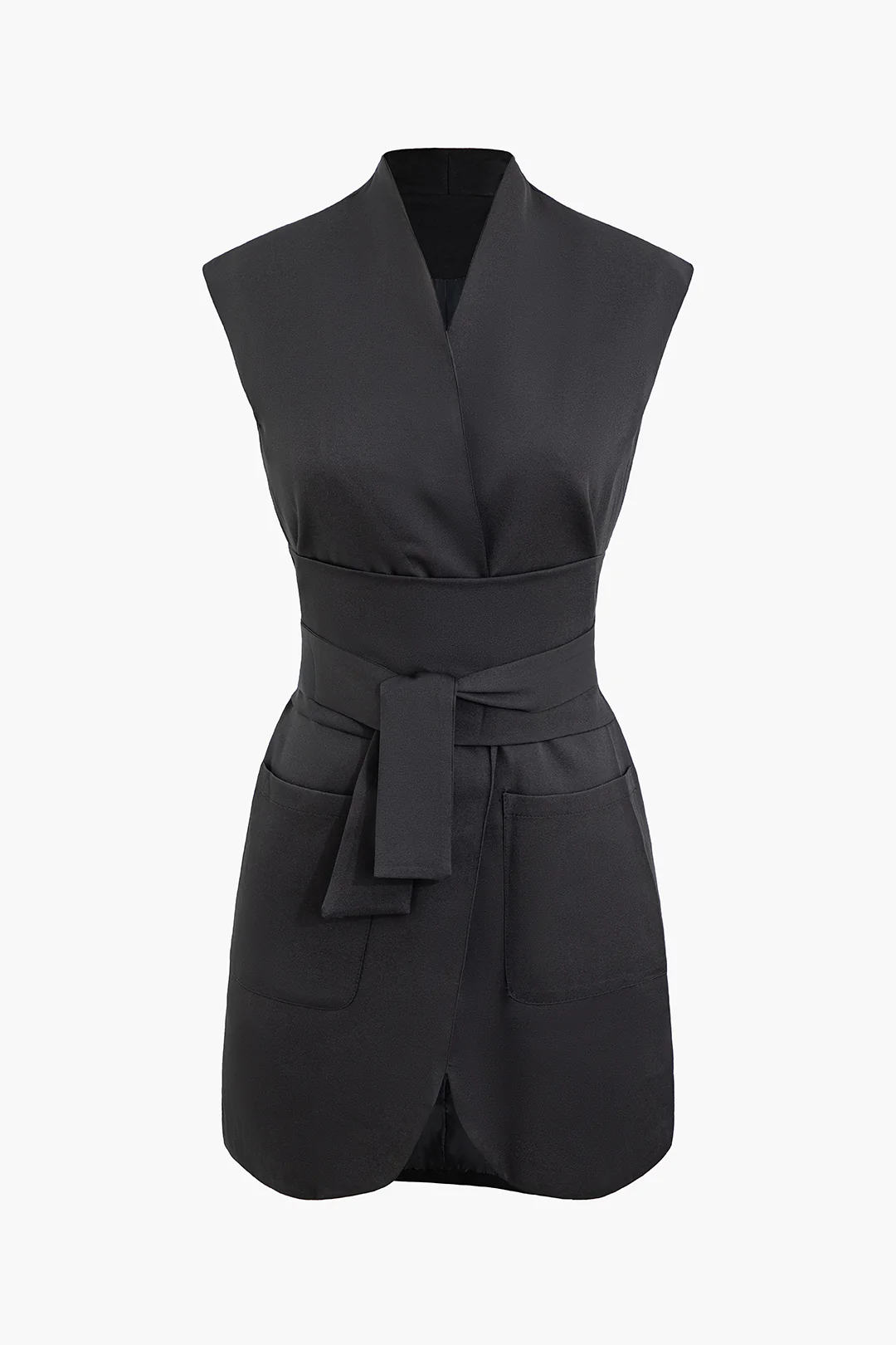 Tie Front V-Neck Pocket Sleeveless Mini Dress - Flockneti