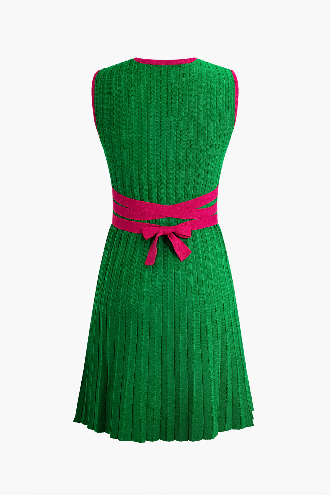 Knit Contrast Deep V-Neck Pleated Sleeveless Dress - Flockneti