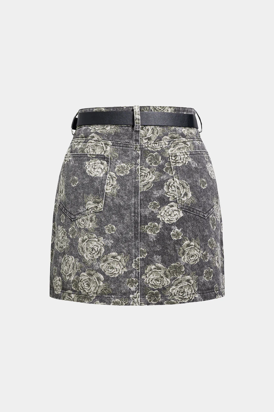 Floral Print Denim High Waist Belted Mini Skirt - Flockneti