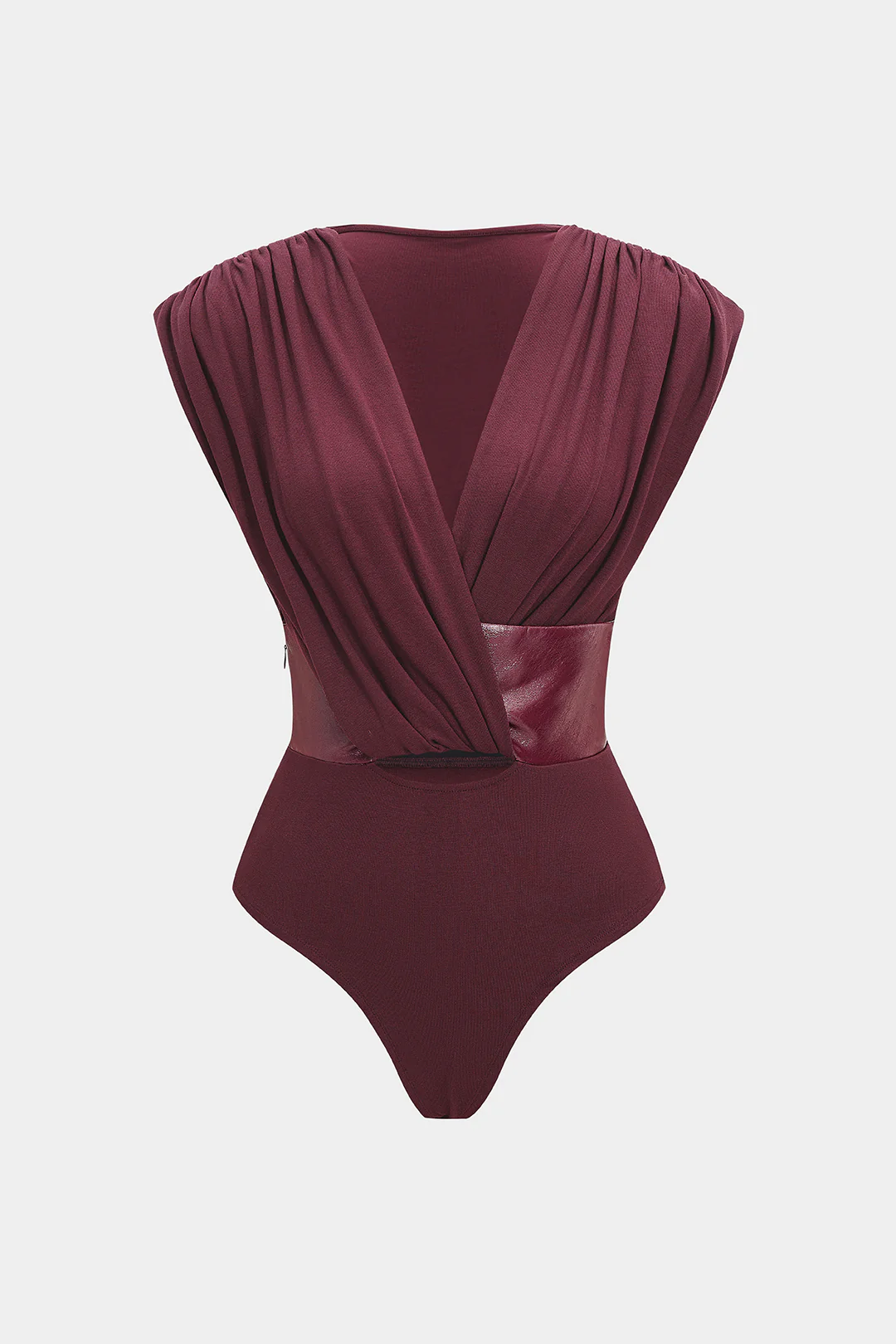 Faux Leather Patchwork V-Neck Hollow Out Sleeveless Bodysuit - Flockneti