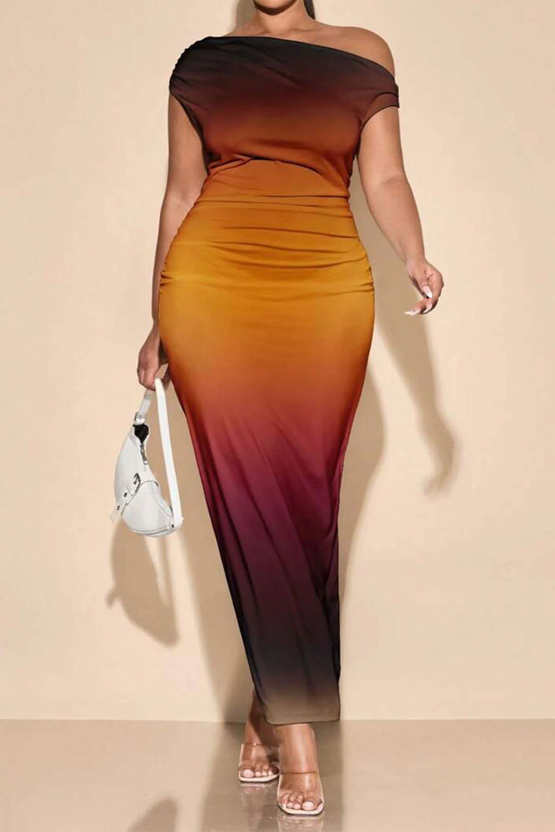 Plus Size Ombre Print Mesh Asymmetrical Sleeveless Maxi Dress - Flockneti