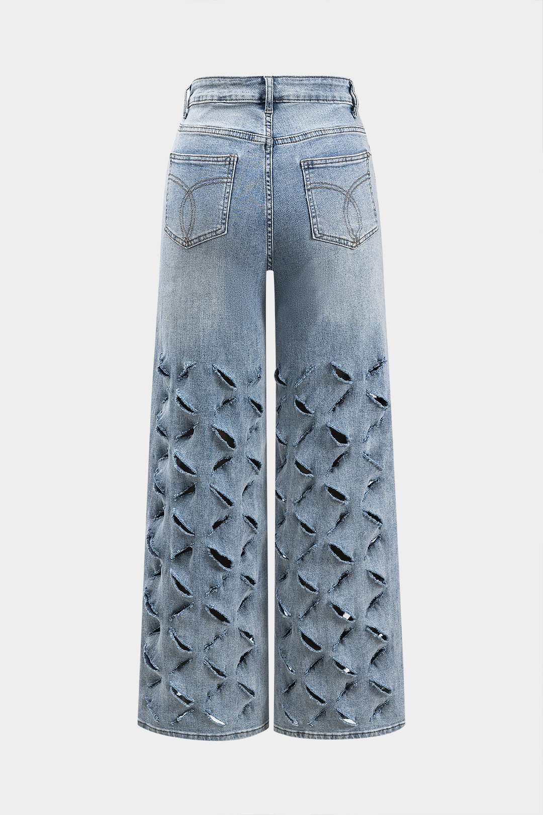Ripped Cut Out Button Pocket Wide Leg Jeans - Flockneti