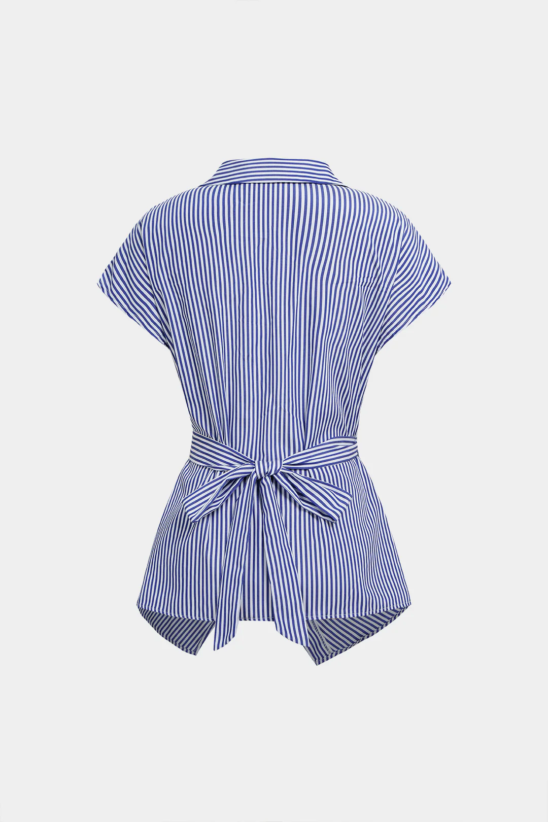 Striped V-Neck Asymmetrical Tie Back Short-Sleeve Shirt - Flockneti