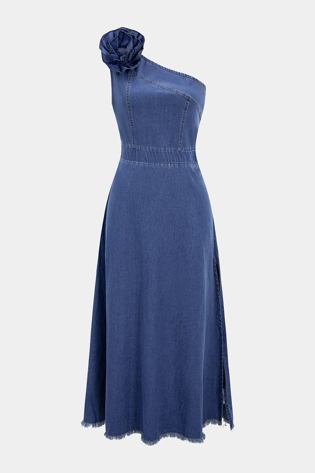Denim 3D Floral One Shoulder Asymmetrical Sleeveless Dress - Flockneti