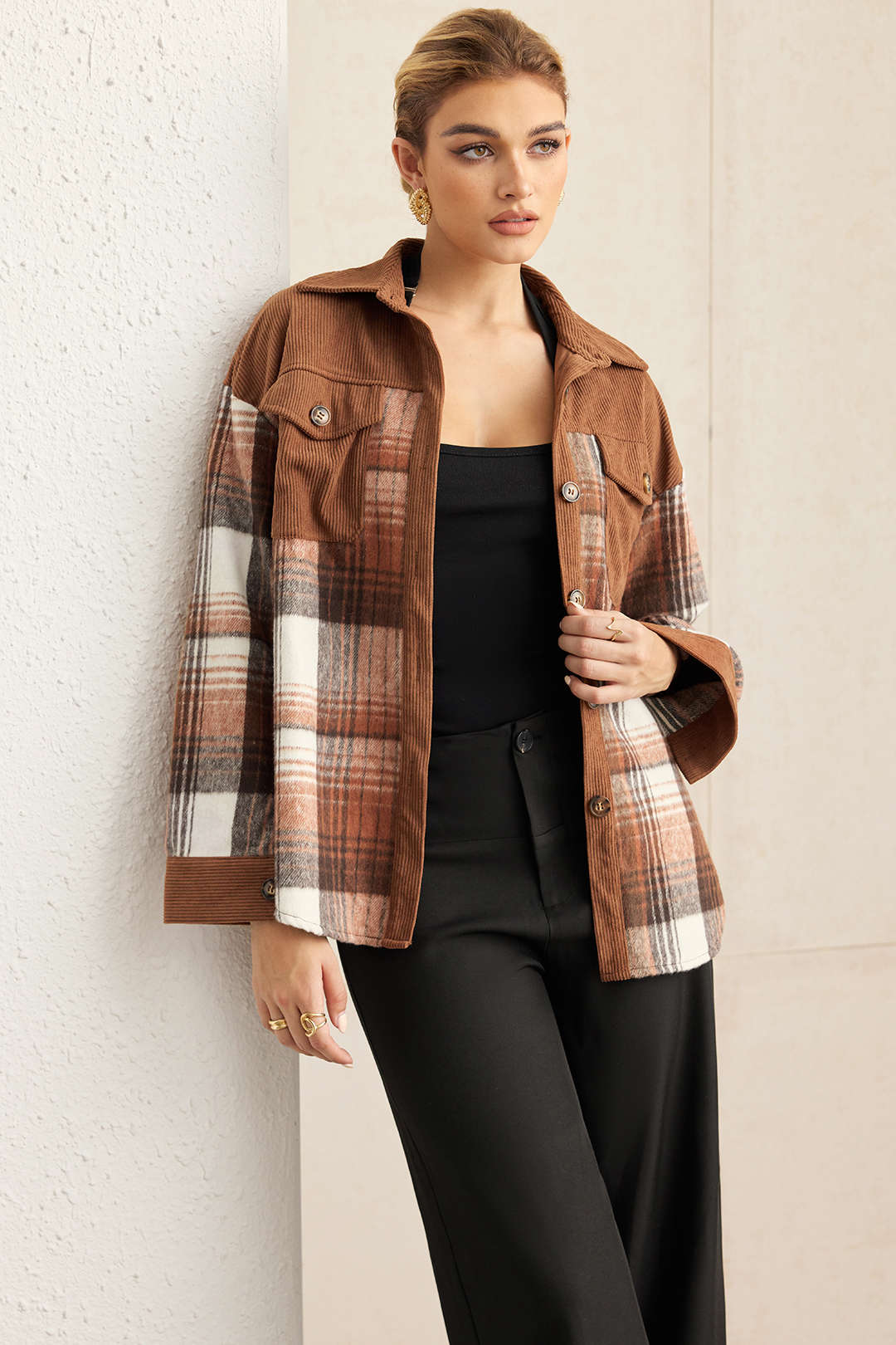 Plaid Print Corduroy Patchwork Button Pocket Long-Sleeve Shirt - Flockneti