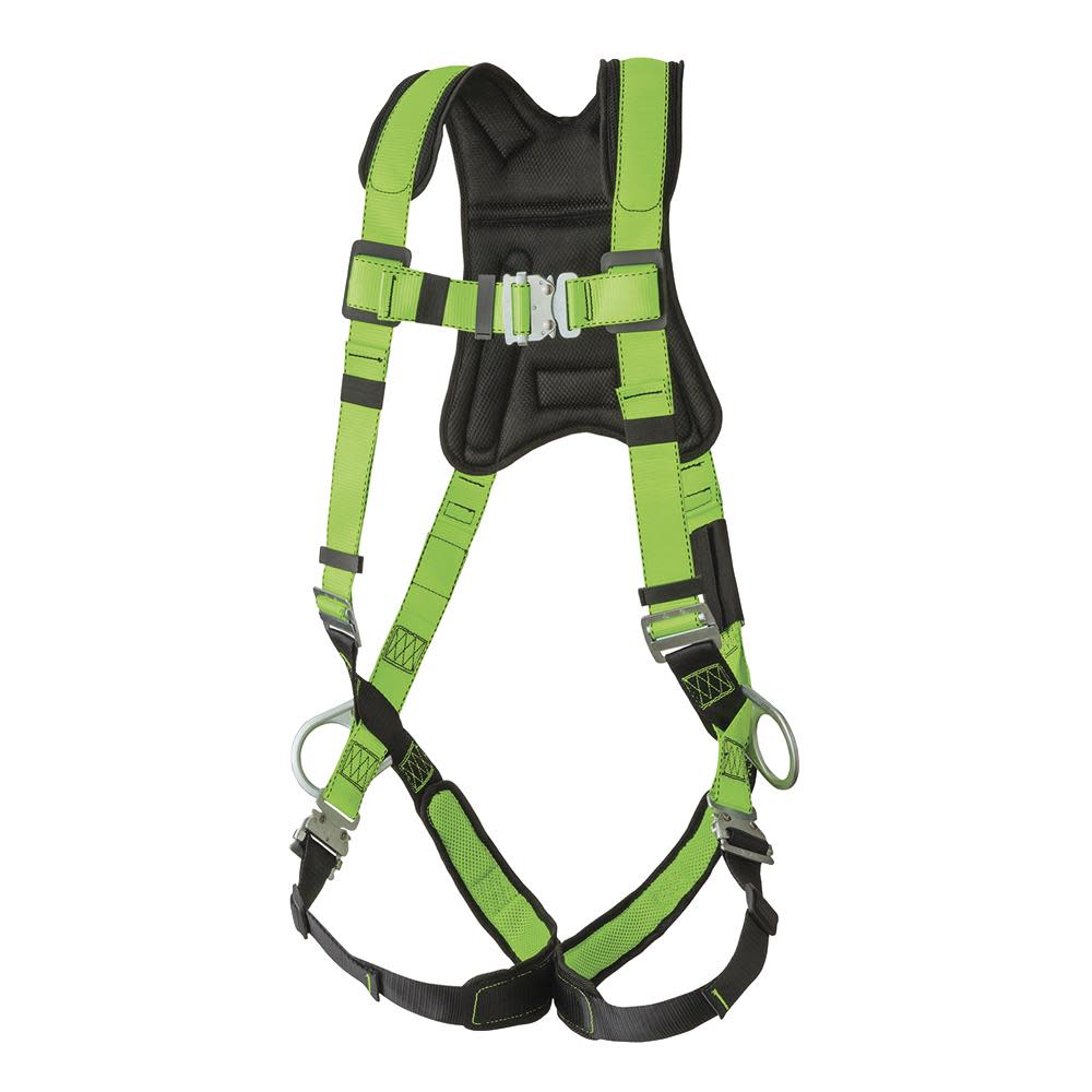 Peakworks Full Body Padded Safety Harness with Back Support 5-Point Adjustment Fall Indicator Back and Side D-Rings Stab Lock Leg Buckles Hi-Vis Green/Black Universal Fit - Flockneti