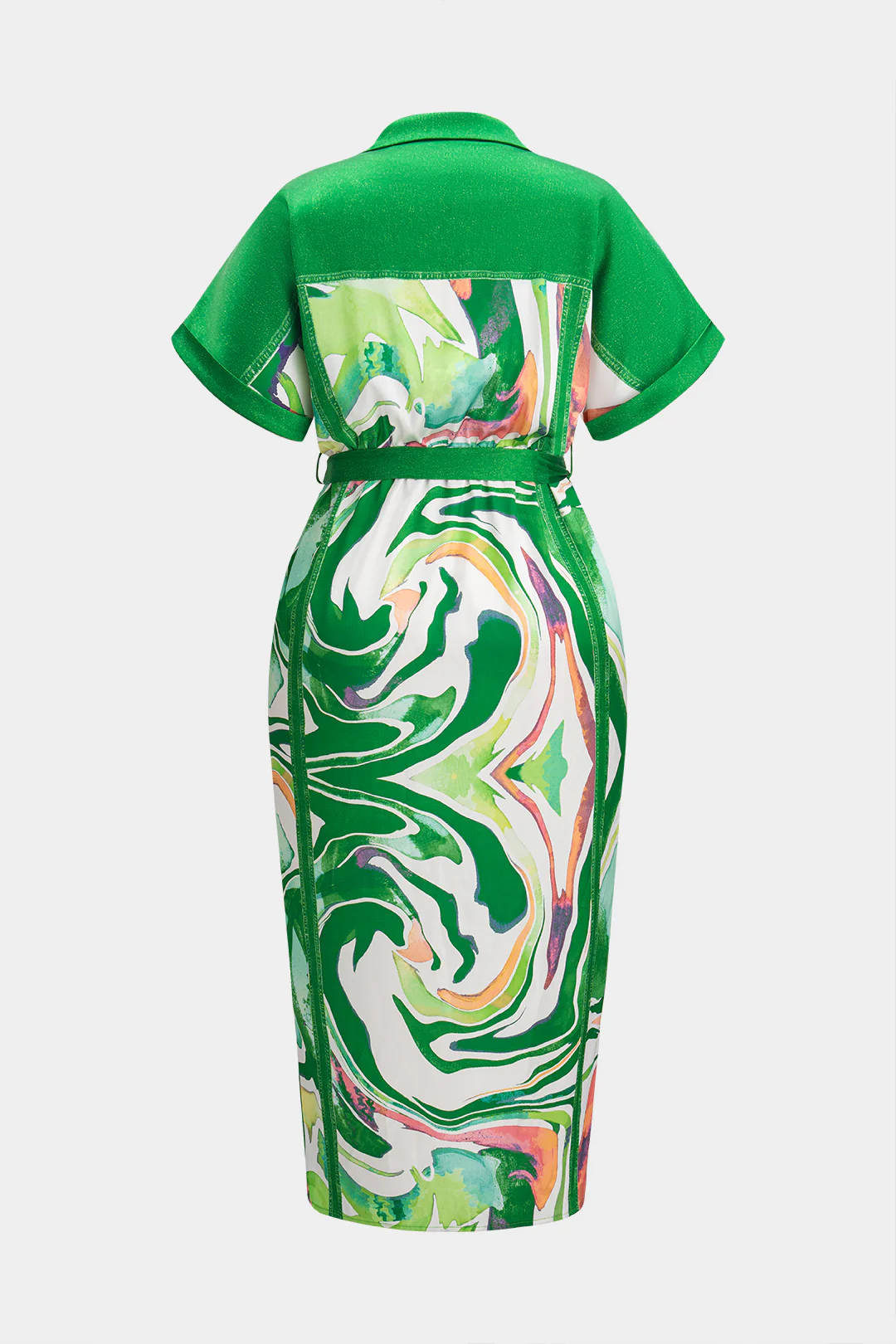 Plus Size Abstract Print Satin Tie Front Button Ruched Short Sleeve Midi Dress - Flockneti
