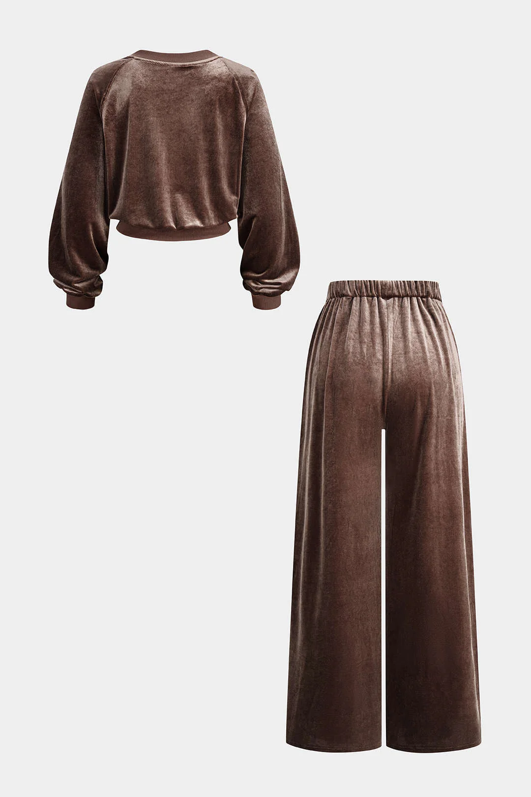 Velvet Patchwork V-Neck Long Sleeve Top And Shirred Waistband Wide-Leg Pants Set - Flockneti
