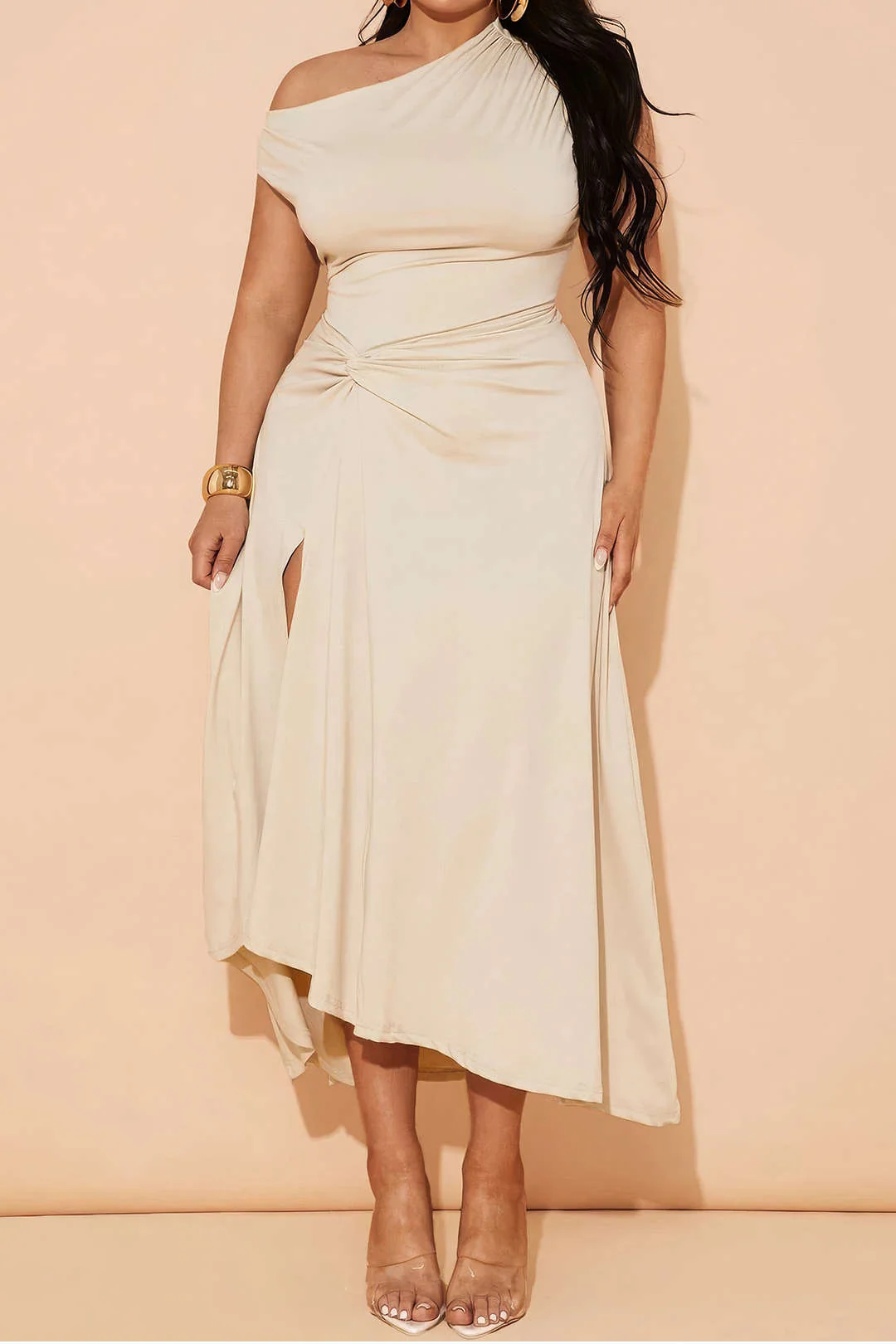 Plus Size Asymmetrical Sleeveless Ruched Midi Dress - Flockneti