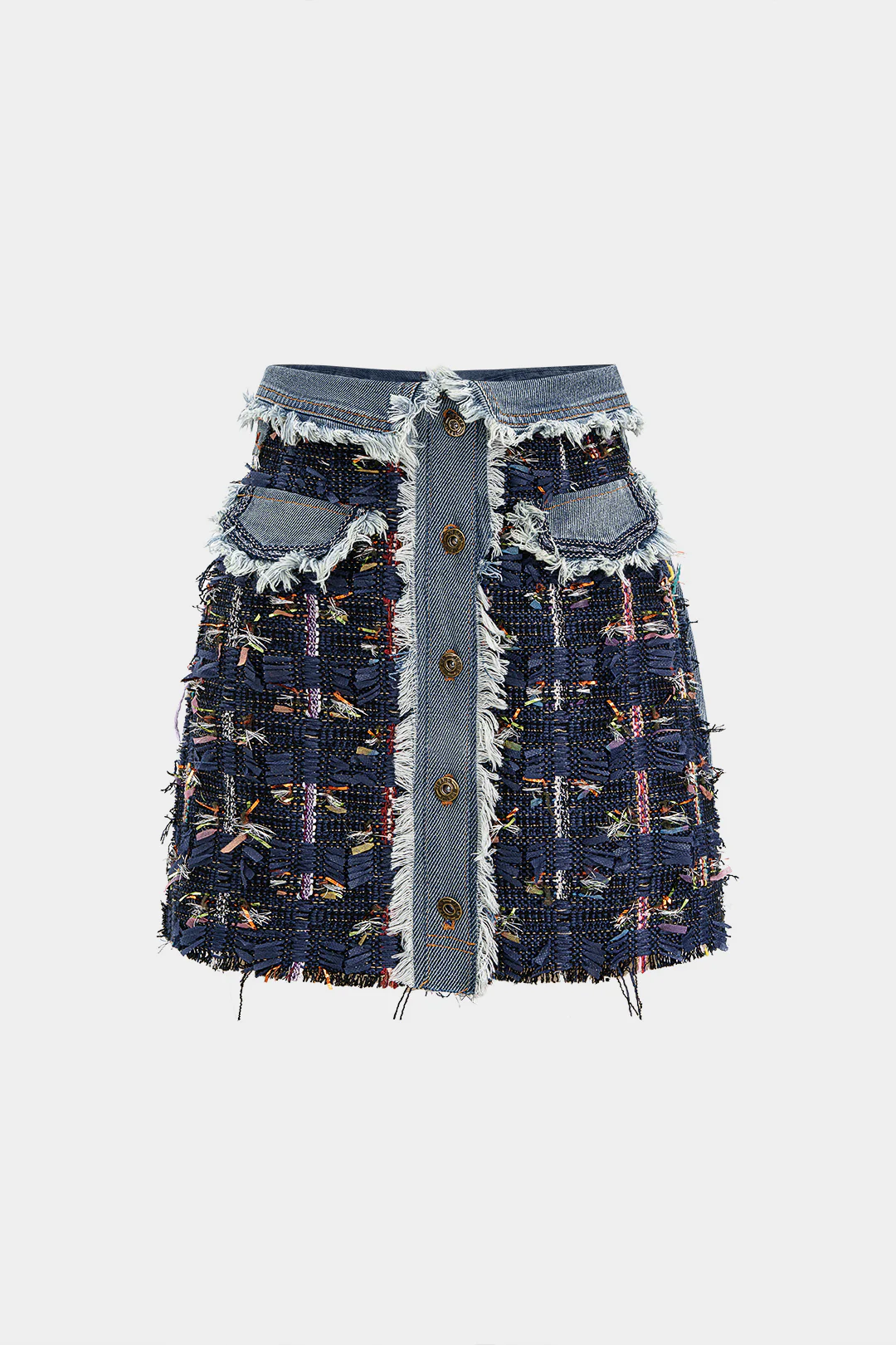 Denim Jacquard Patchwork Frayed Pocket Mini Skirt - Flockneti