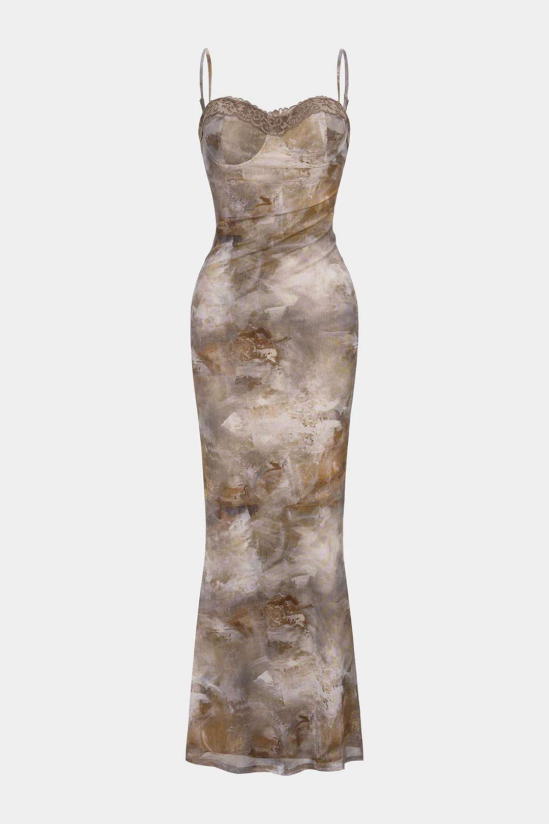 Abstract Print Patchwork Lace Trim Bustier Sleeveless Maxi Dress - Flockneti