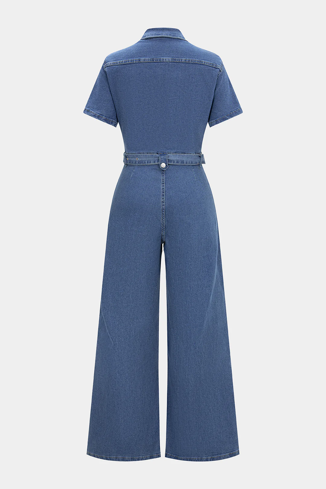 Denim Lapel Short Sleeve Belted Pocket Wide Leg Jumpsuit - Flockneti