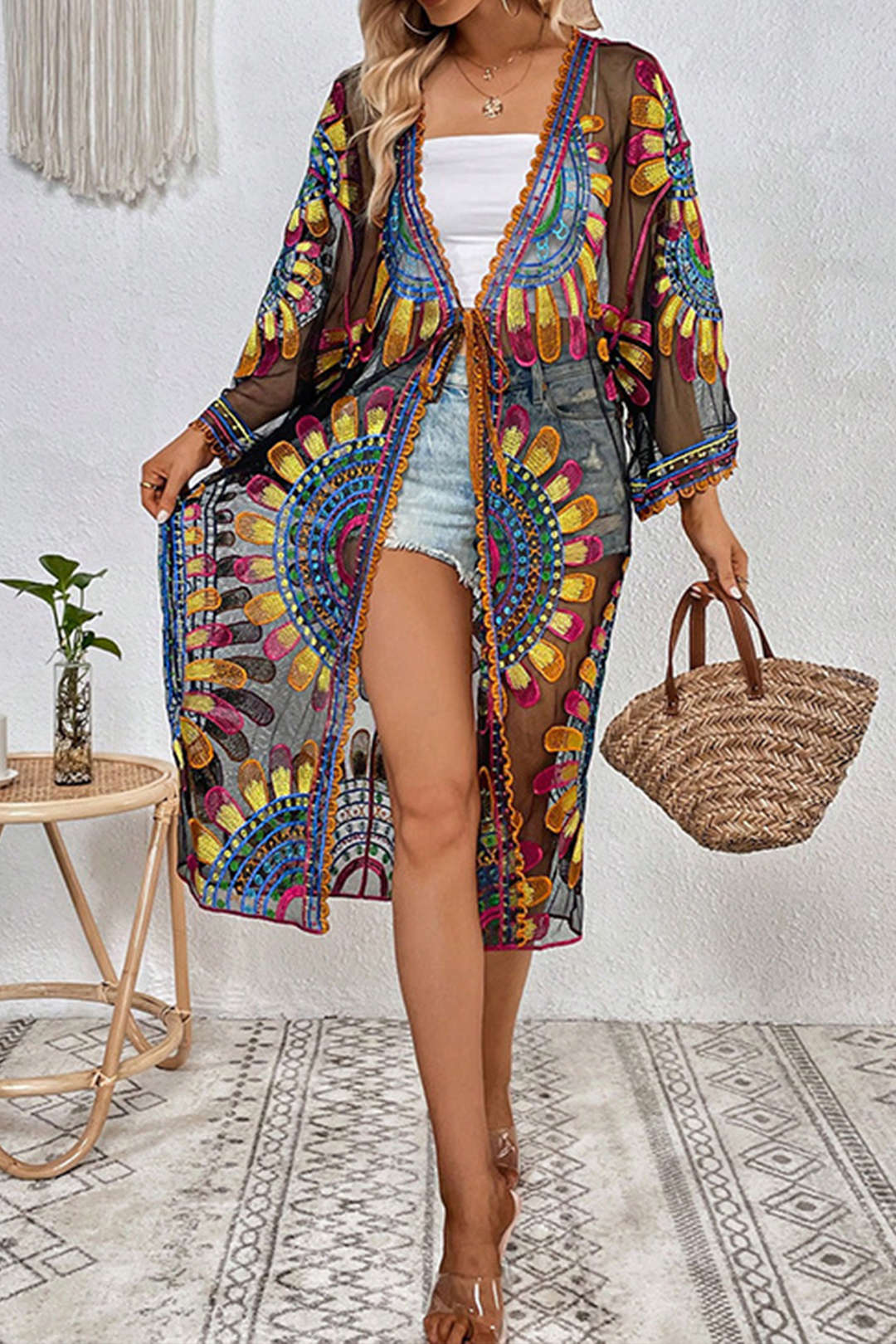 Embroidery Floral Print Tie Up Cover Up - Flockneti
