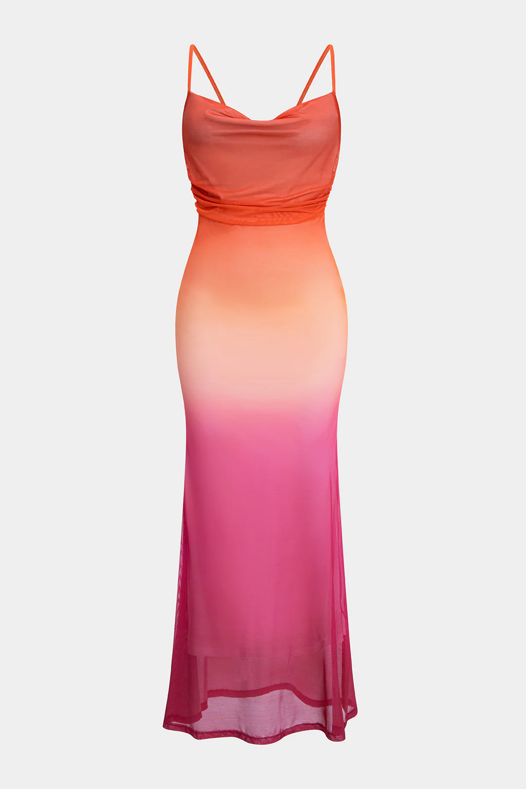 Ombre Print Mesh  Ruched Tie Back Slip Maxi Dress - Flockneti