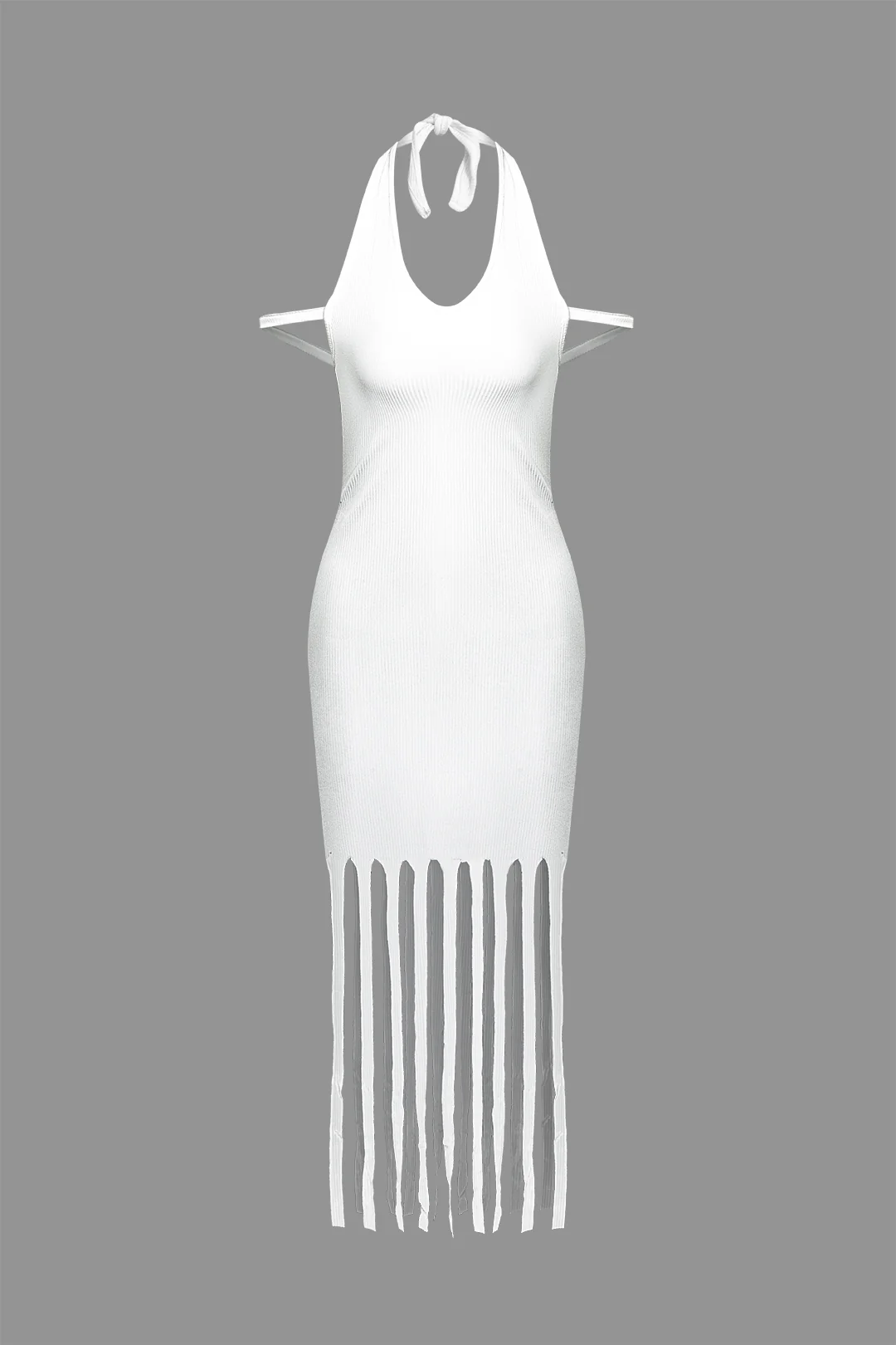 Knit Fringe Halter Neck Backless Dress - Flockneti