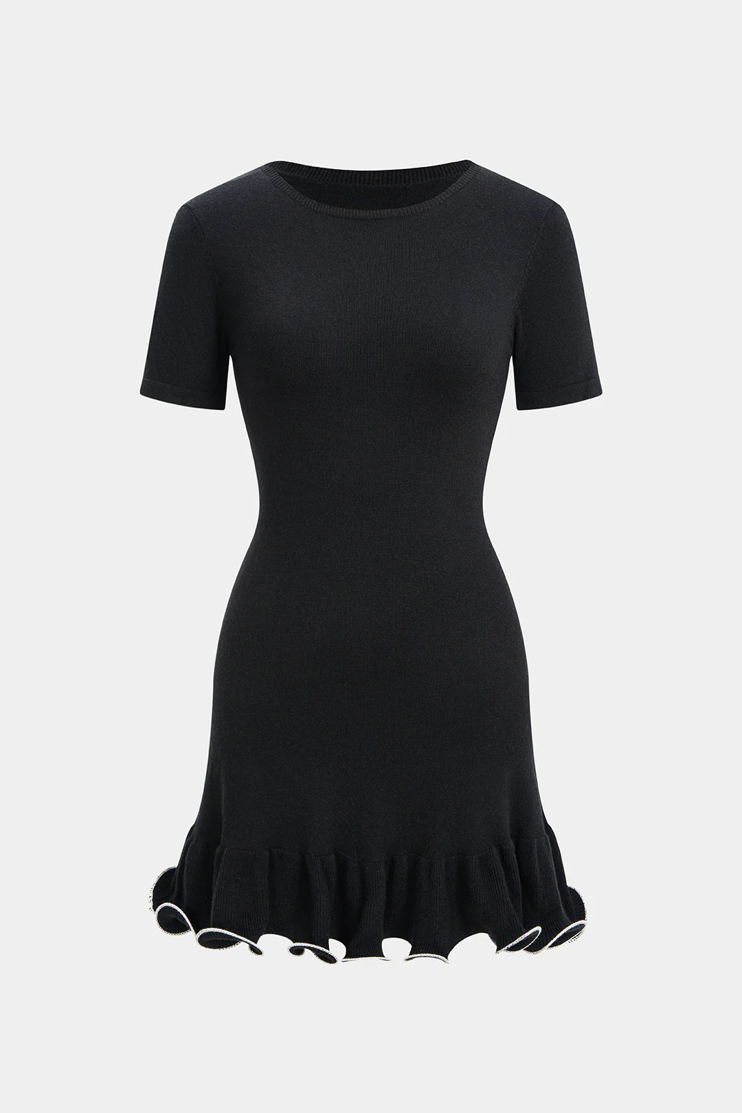 Knit Round Neck Contrast Binding Ruched Short Sleeve Dress - Flockneti